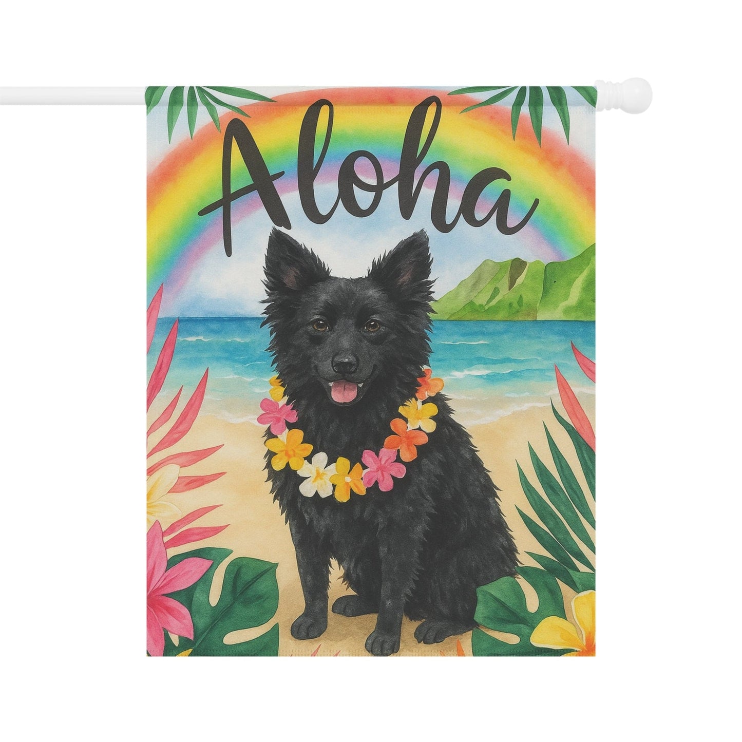 Printify Garden Flag Black Mudi Dog Aloha Luau Garden Flag