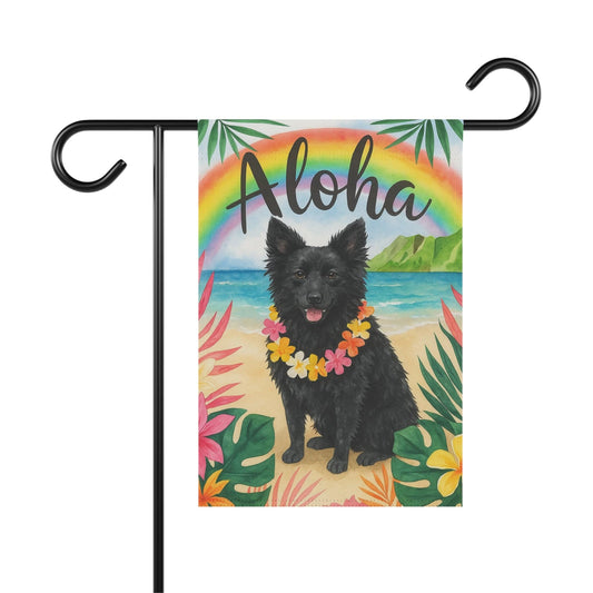 Printify Garden Flag Black Mudi Dog Aloha Luau Garden Flag