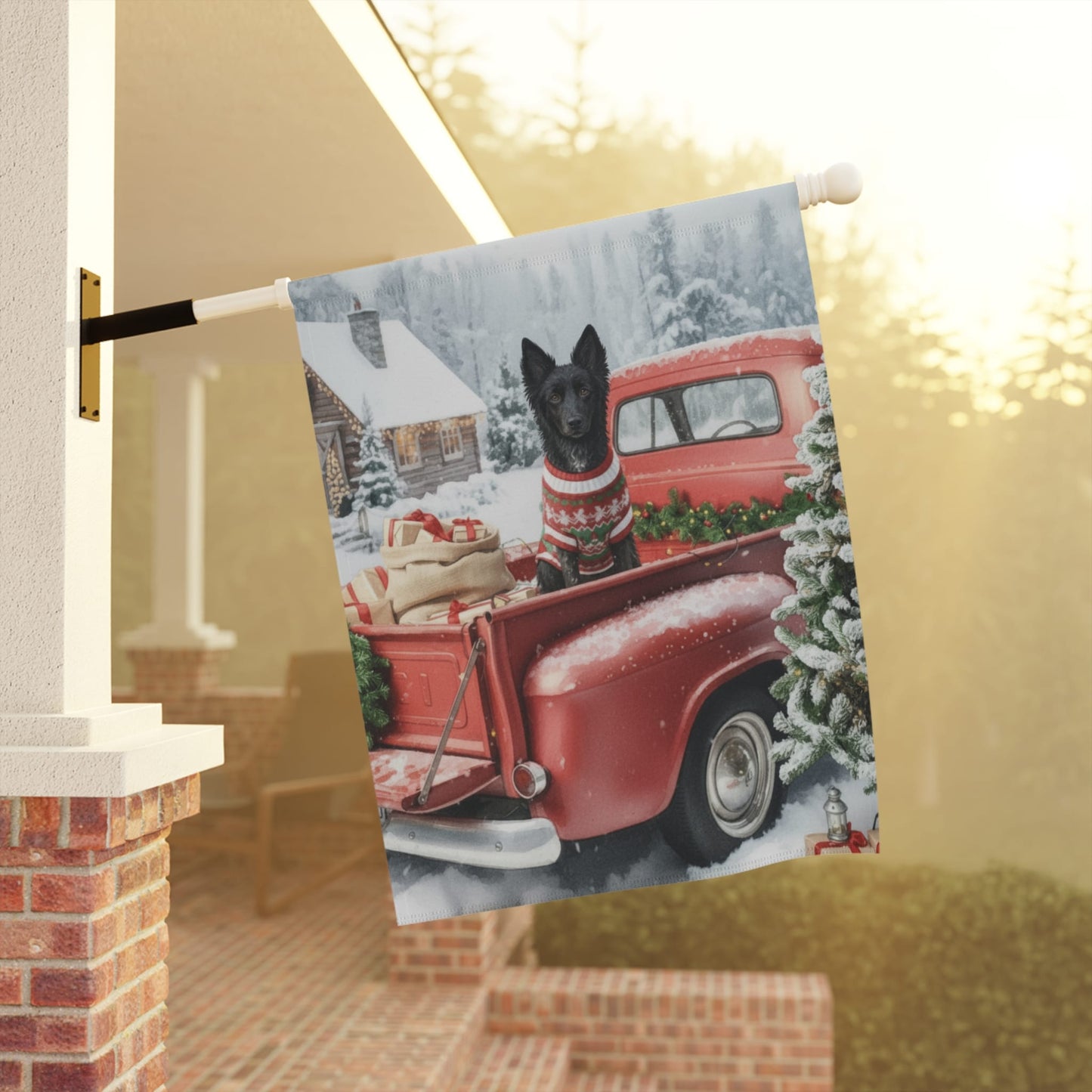 Home Decor Black Mudi Dog Red Truck Christmas Garden Flag