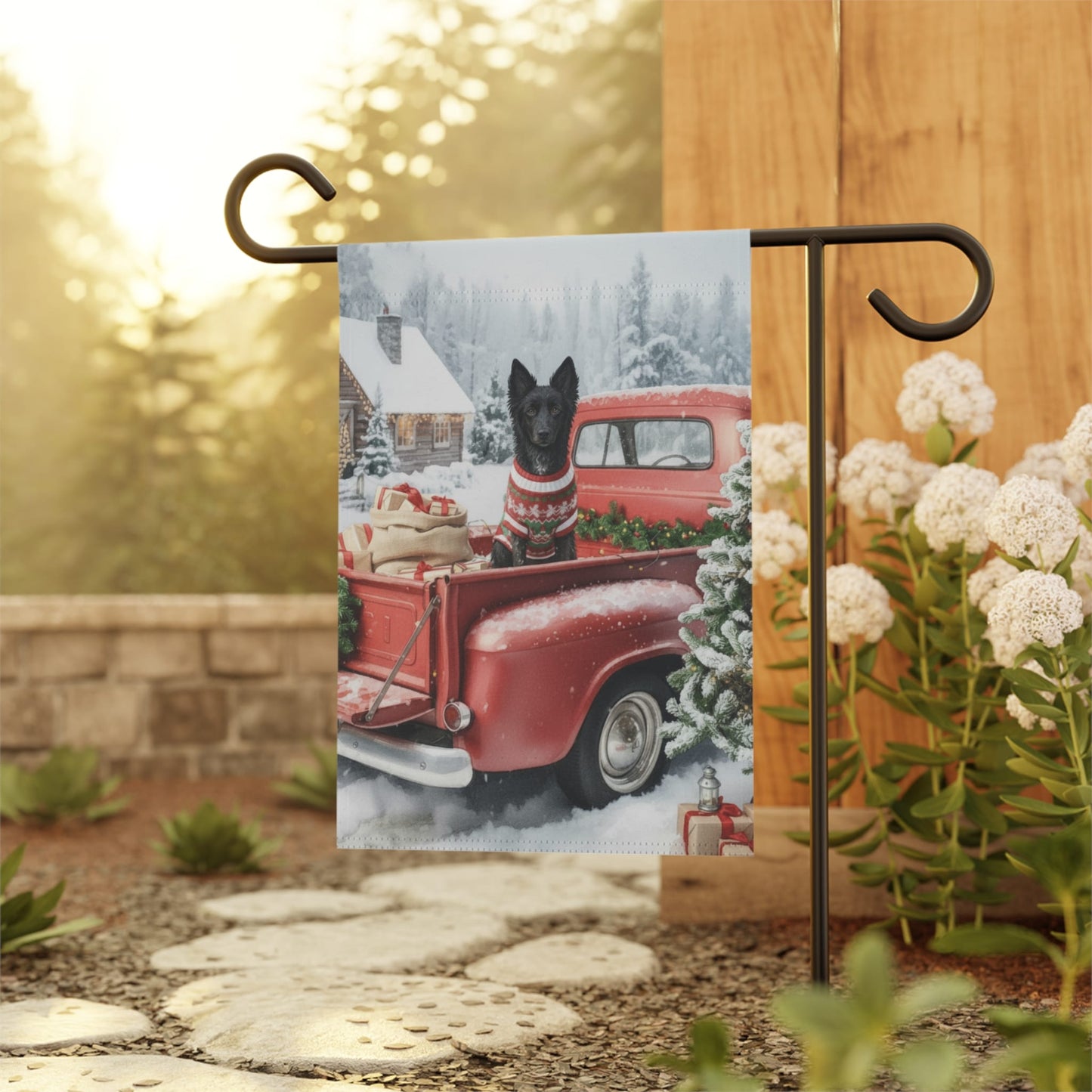 Home Decor Black Mudi Dog Red Truck Christmas Garden Flag