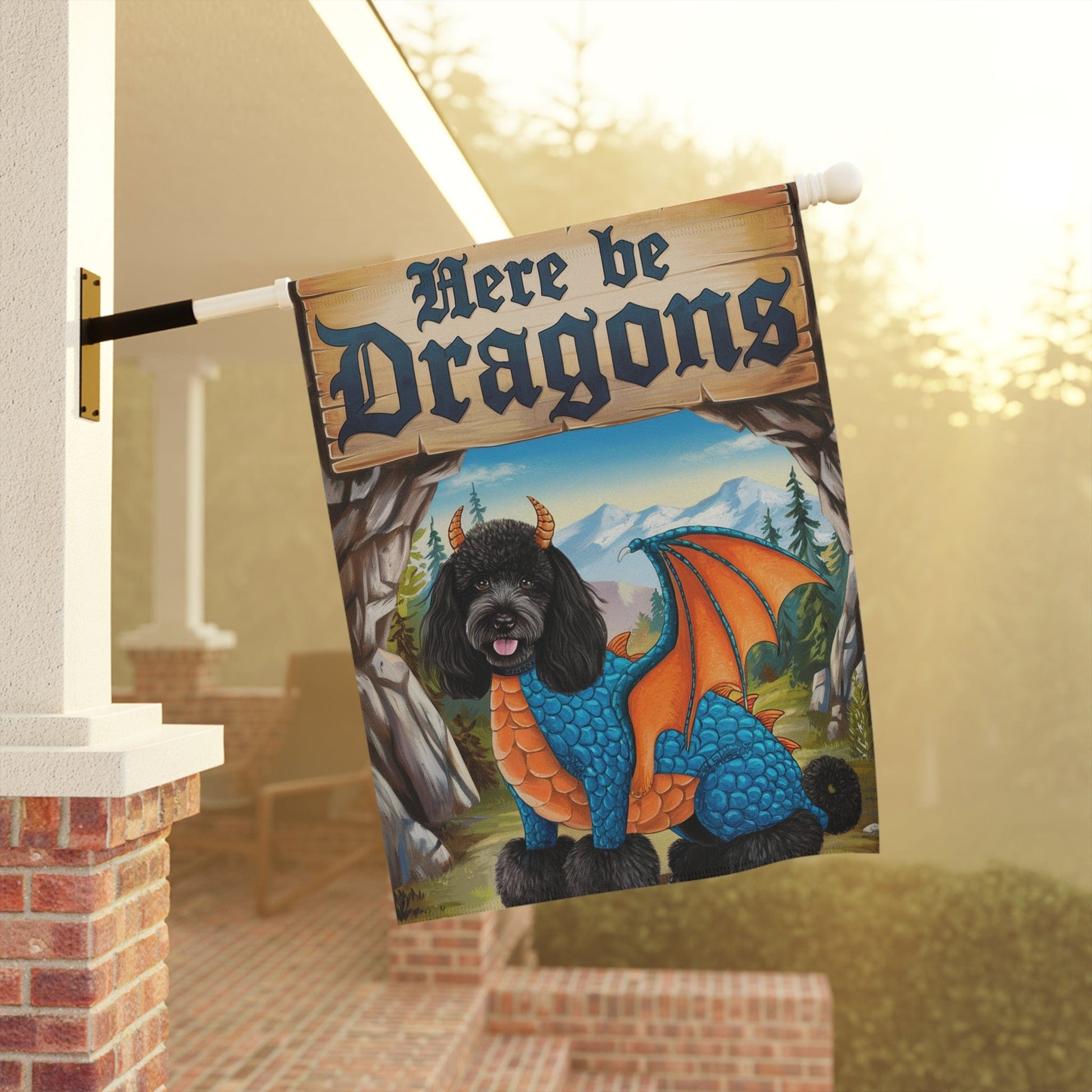 Printify Home Decor Black Poodle Dog Dragon Garden Flag, Fantasy Pet Yard Spring Decor, Housewarming Halloween
