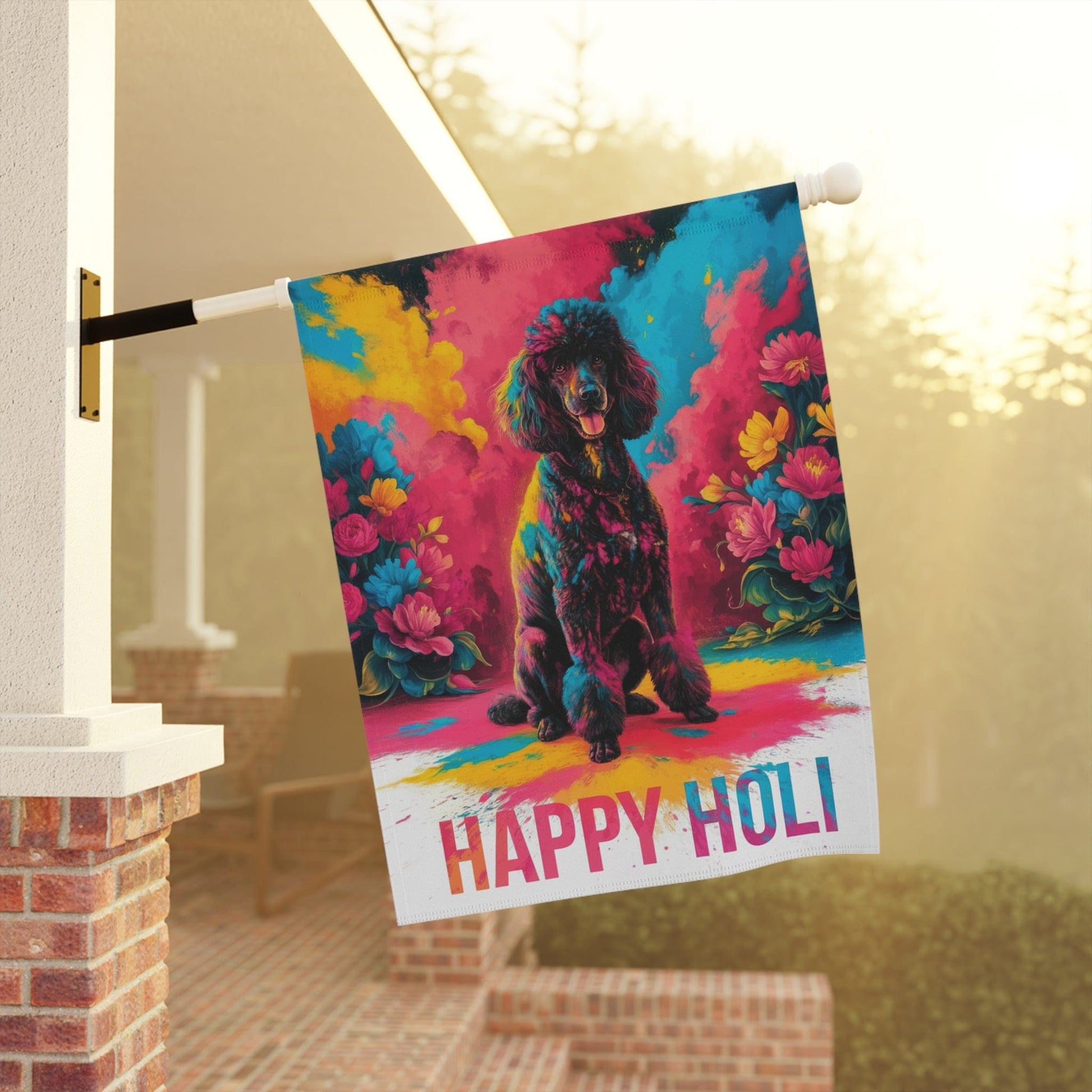 Printify Home Decor Black Poodle Holi Garden Flag, Indian Spring Festival, Dog Lovers Yard Outside Decor
