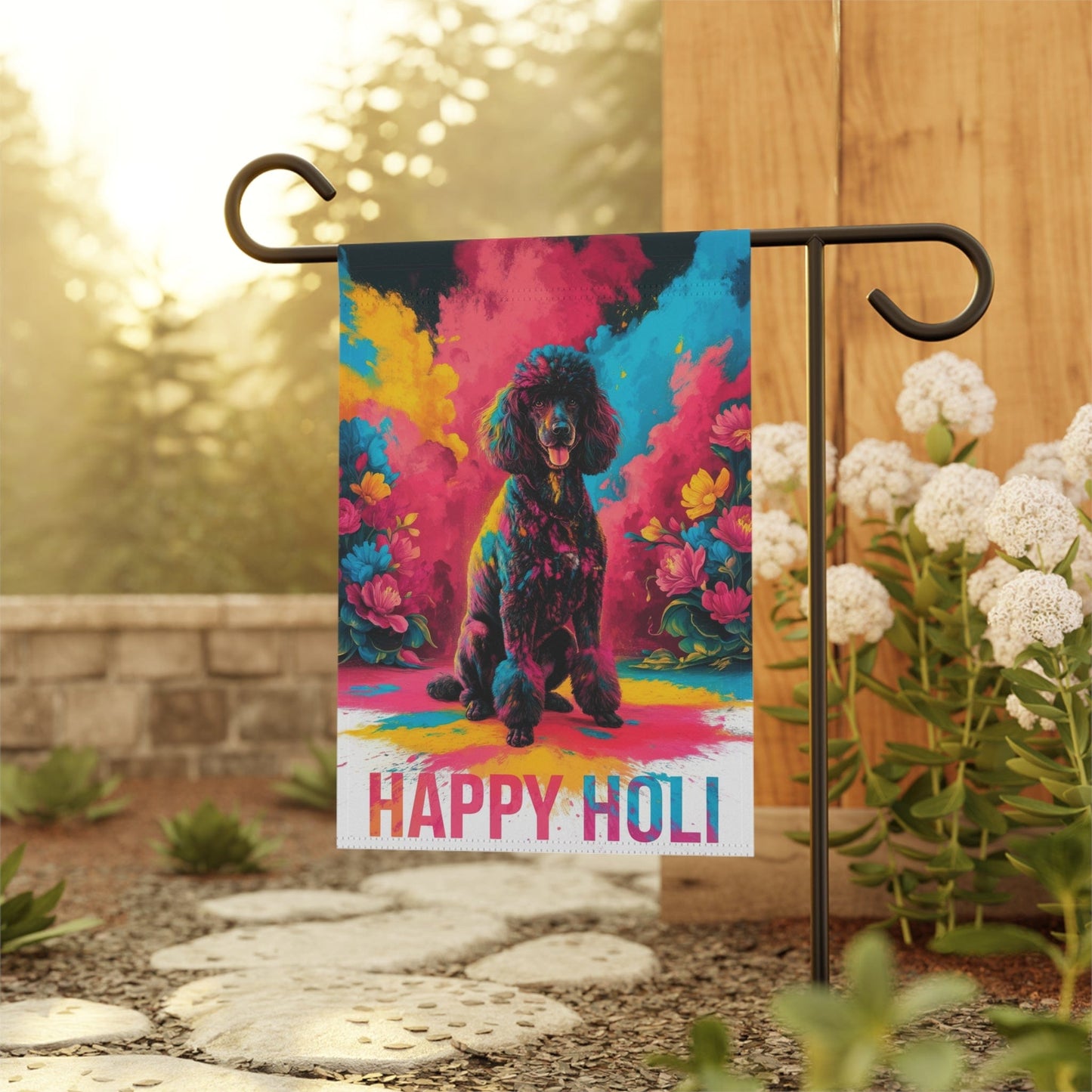 Printify Home Decor Black Poodle Holi Garden Flag, Indian Spring Festival, Dog Lovers Yard Outside Decor