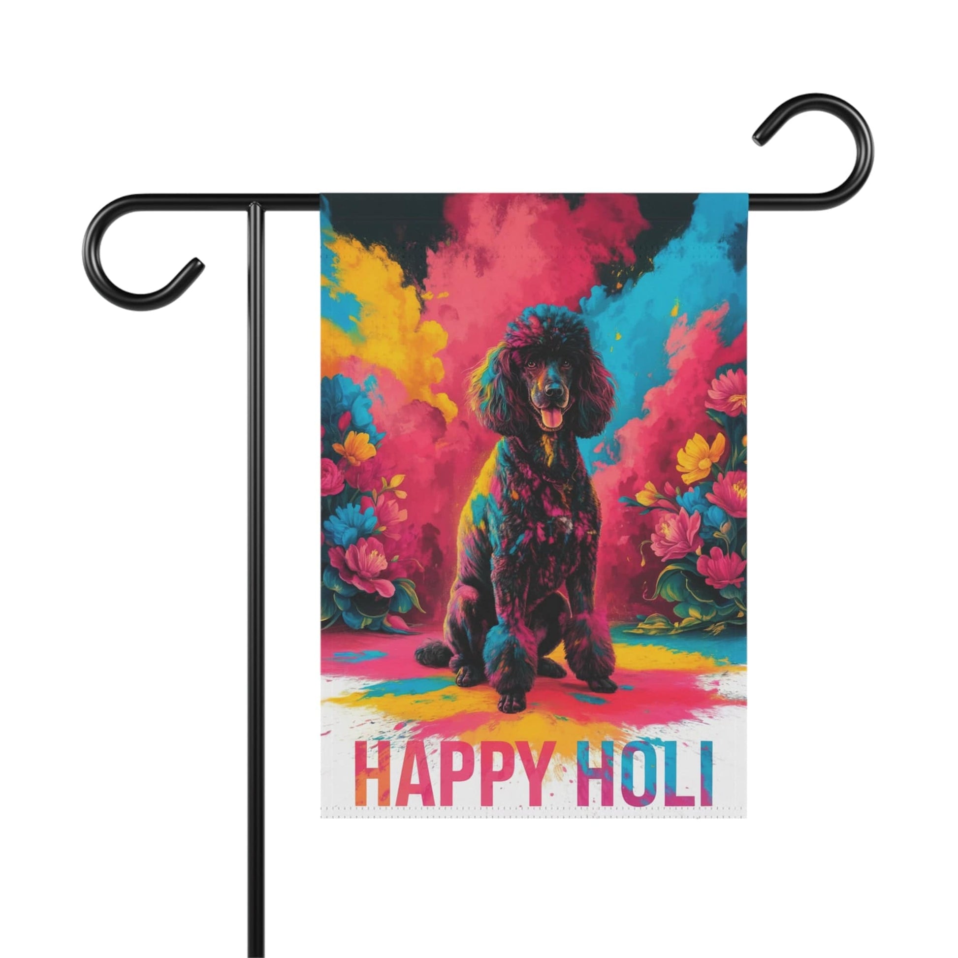 Printify Home Decor 12'' × 18'' Black Poodle Holi Garden Flag, Indian Spring Festival, Dog Lovers Yard Outside Decor