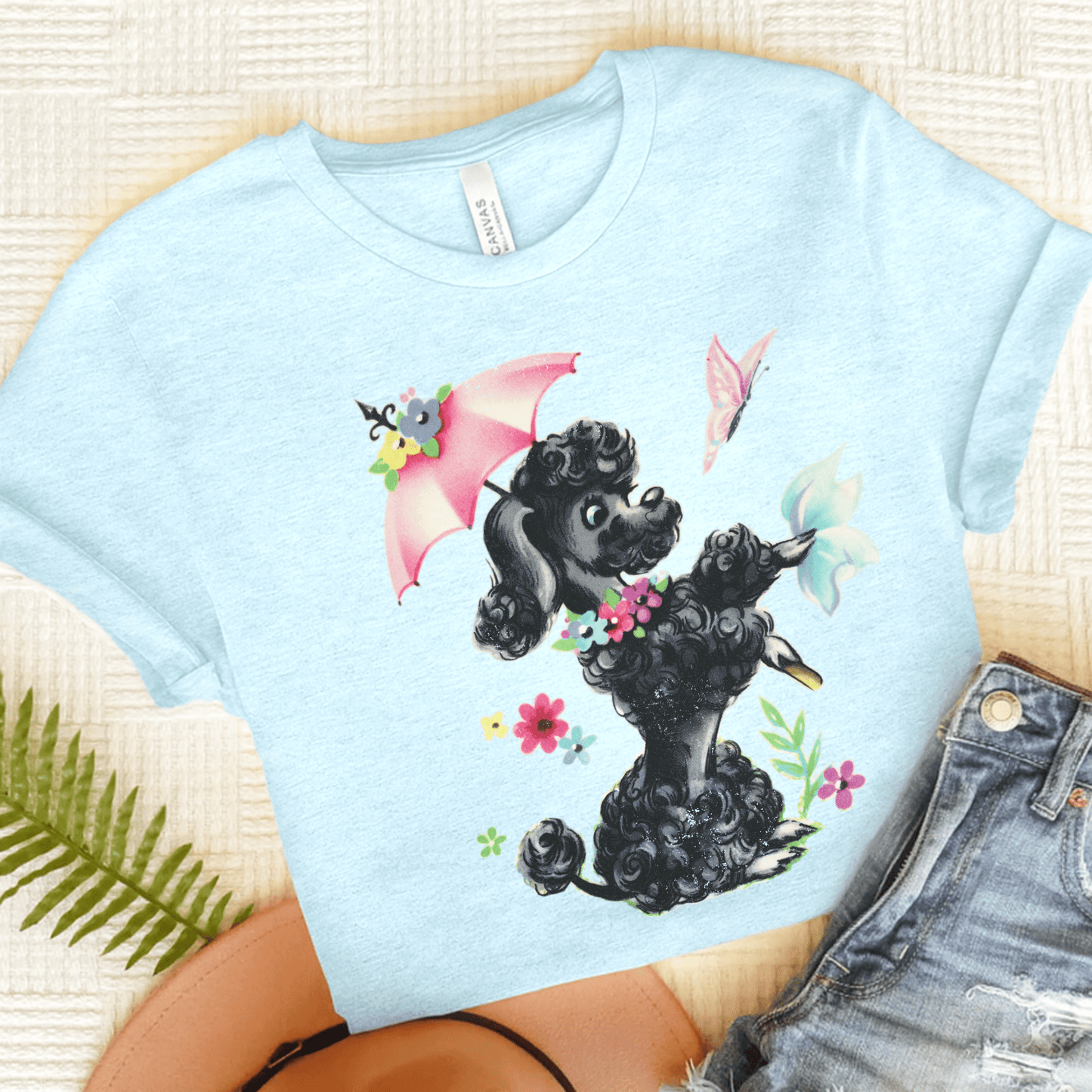 Printify T-Shirt Heather Ice Blue / S Black Poodle Parasol Tshirt