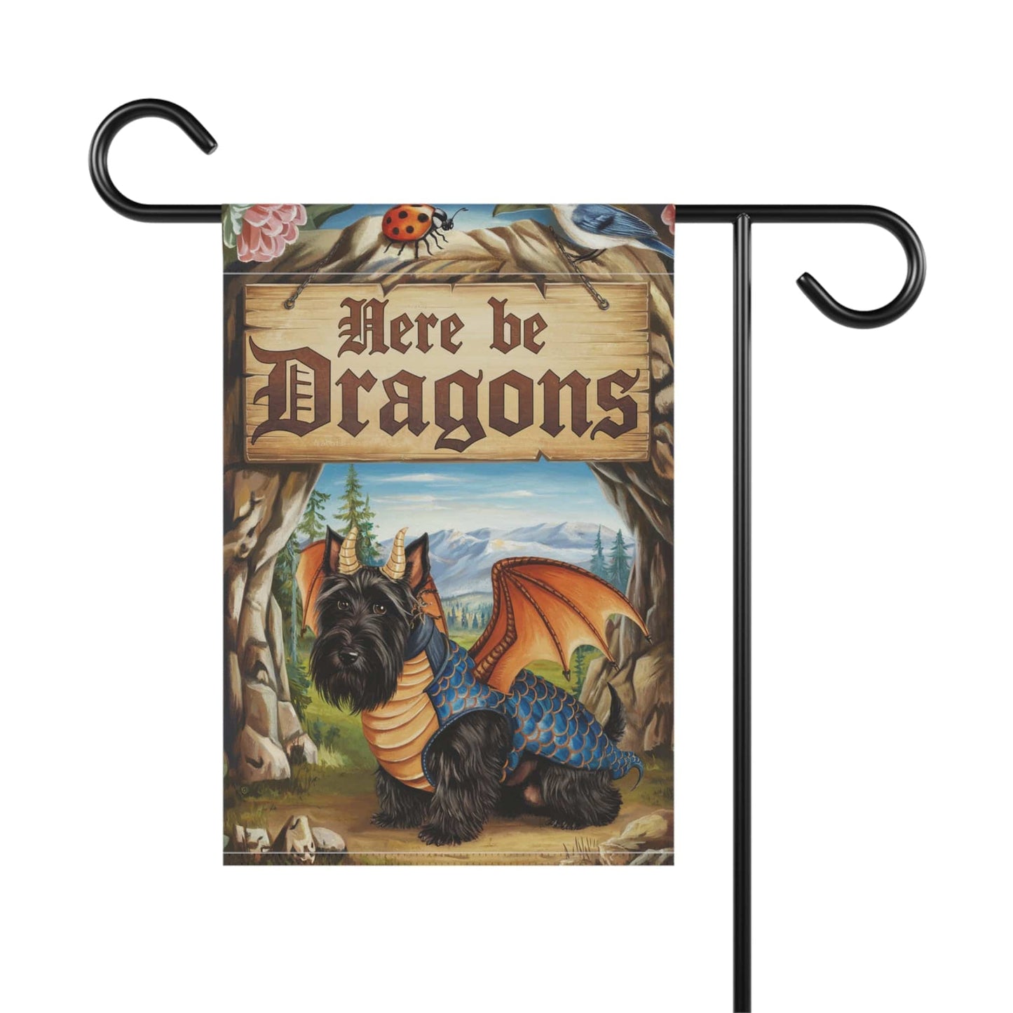 Printify Home Decor Black Scottish Terrier Dog Dragon Garden Flag, Scottie Fantasy Pet Yard Spring Decor