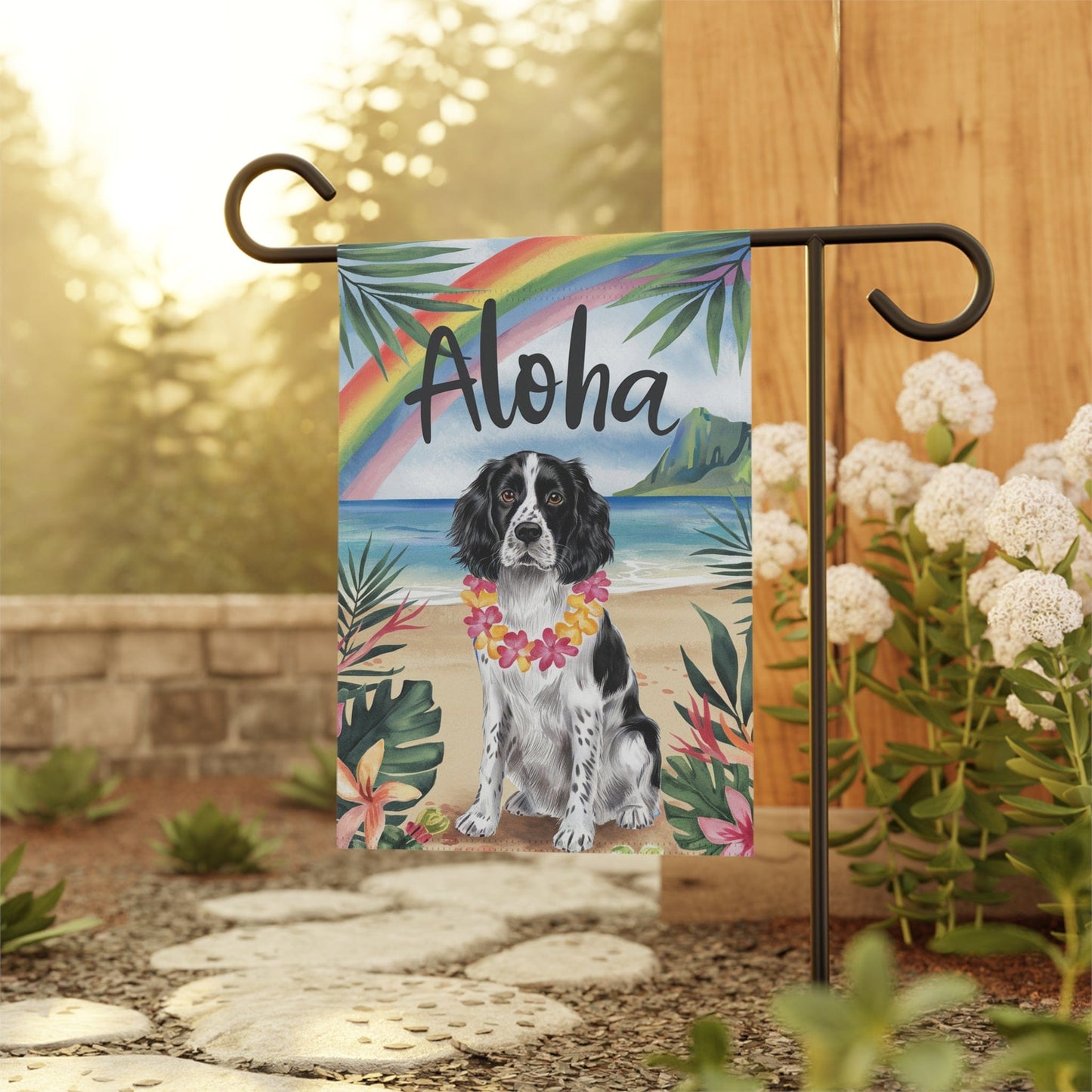 Printify Home Decor Black Springer Spaniel Hawaii Garden Flag, Aloha Luau Party Decor, Tropical Hawaiian Beach