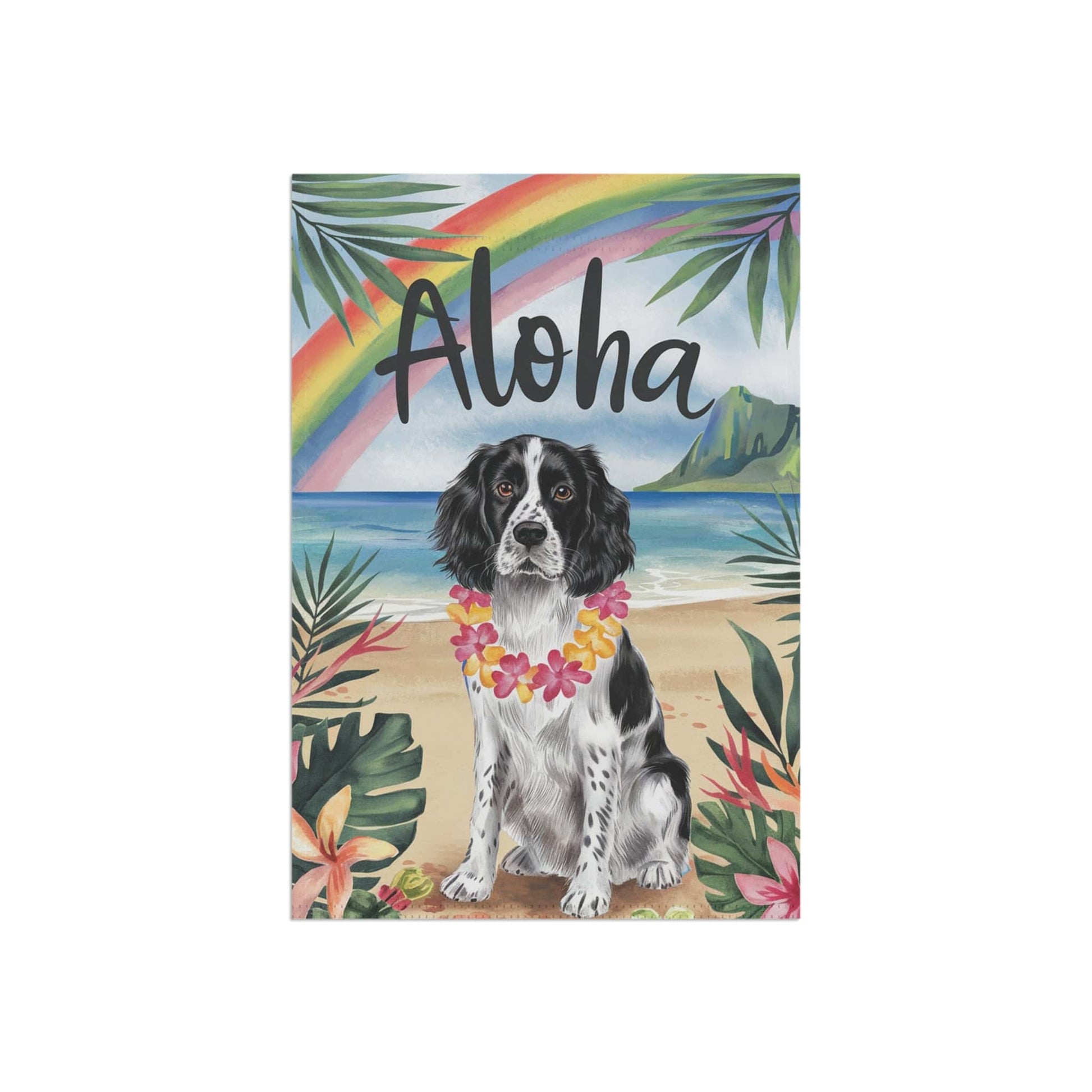 Printify Home Decor Black Springer Spaniel Hawaii Garden Flag, Aloha Luau Party Decor, Tropical Hawaiian Beach