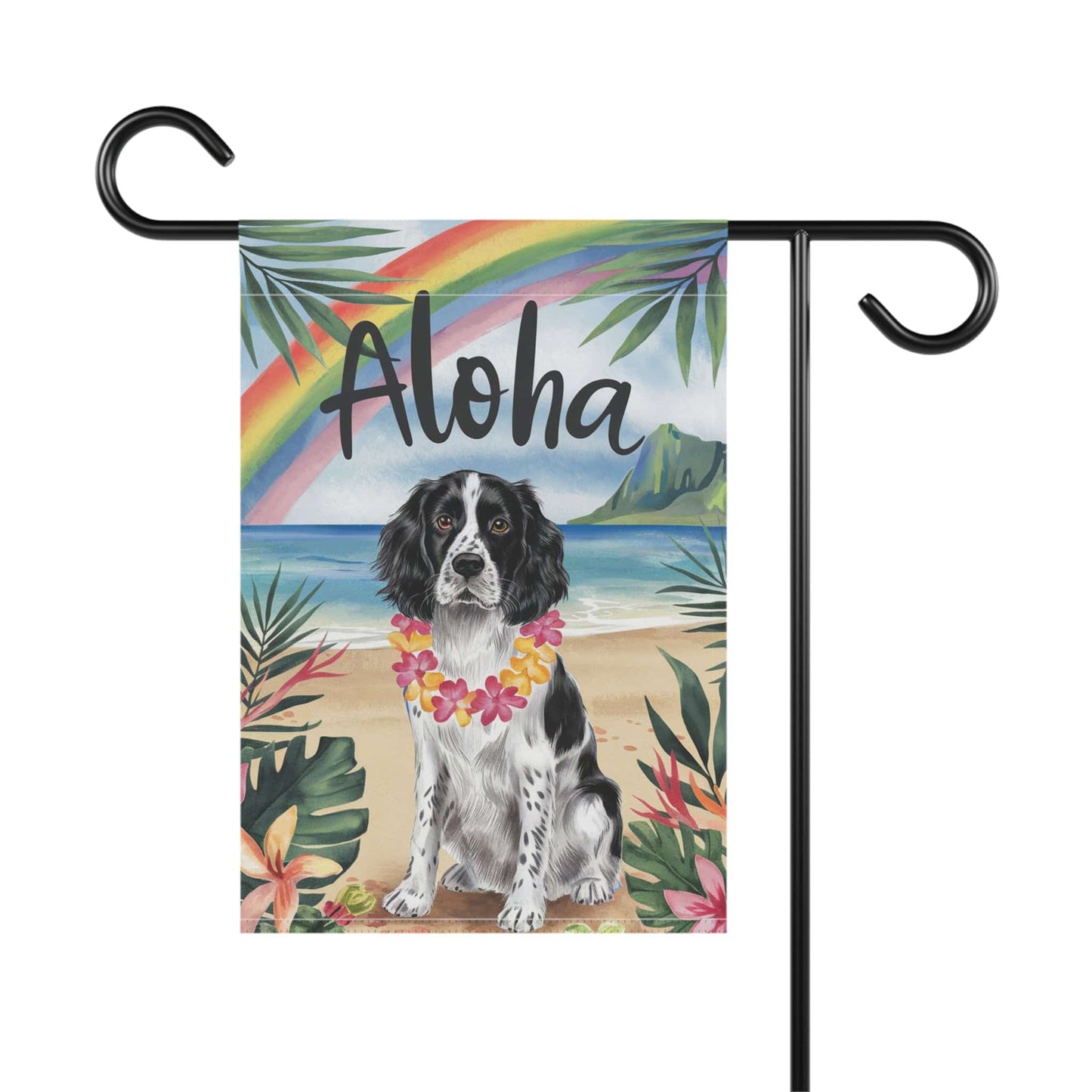 Printify Home Decor Black Springer Spaniel Hawaii Garden Flag, Aloha Luau Party Decor, Tropical Hawaiian Beach