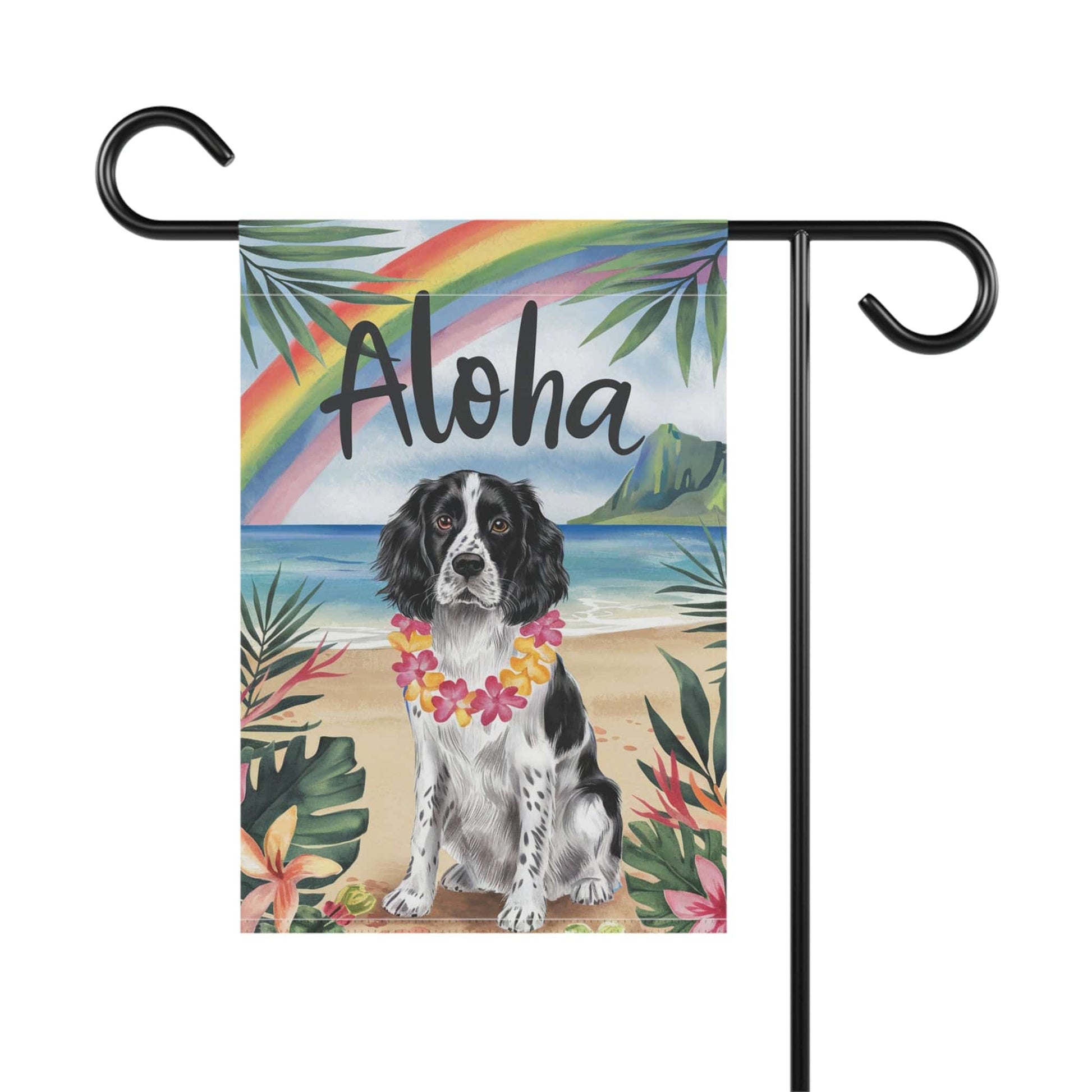 Printify Home Decor Black Springer Spaniel Hawaii Garden Flag, Aloha Luau Party Decor, Tropical Hawaiian Beach