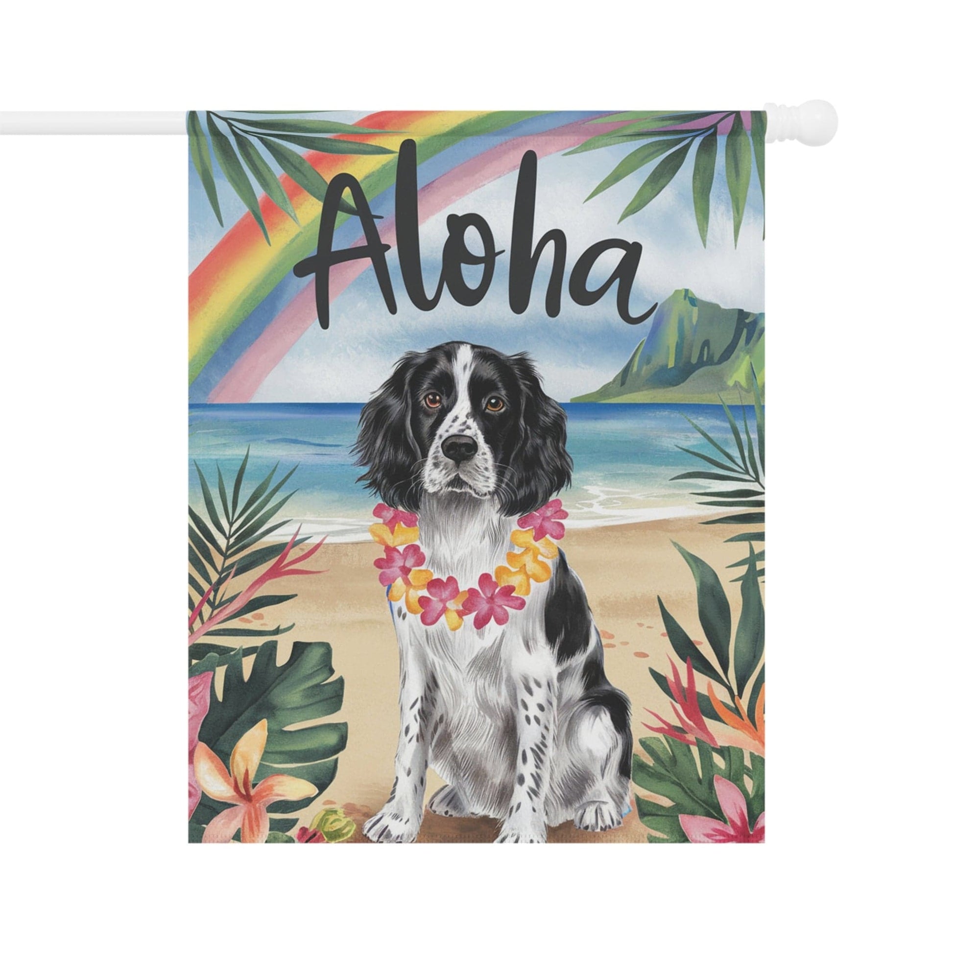 Printify Home Decor 24.5'' × 32'' Black Springer Spaniel Hawaii Garden Flag, Aloha Luau Party Decor, Tropical Hawaiian Beach