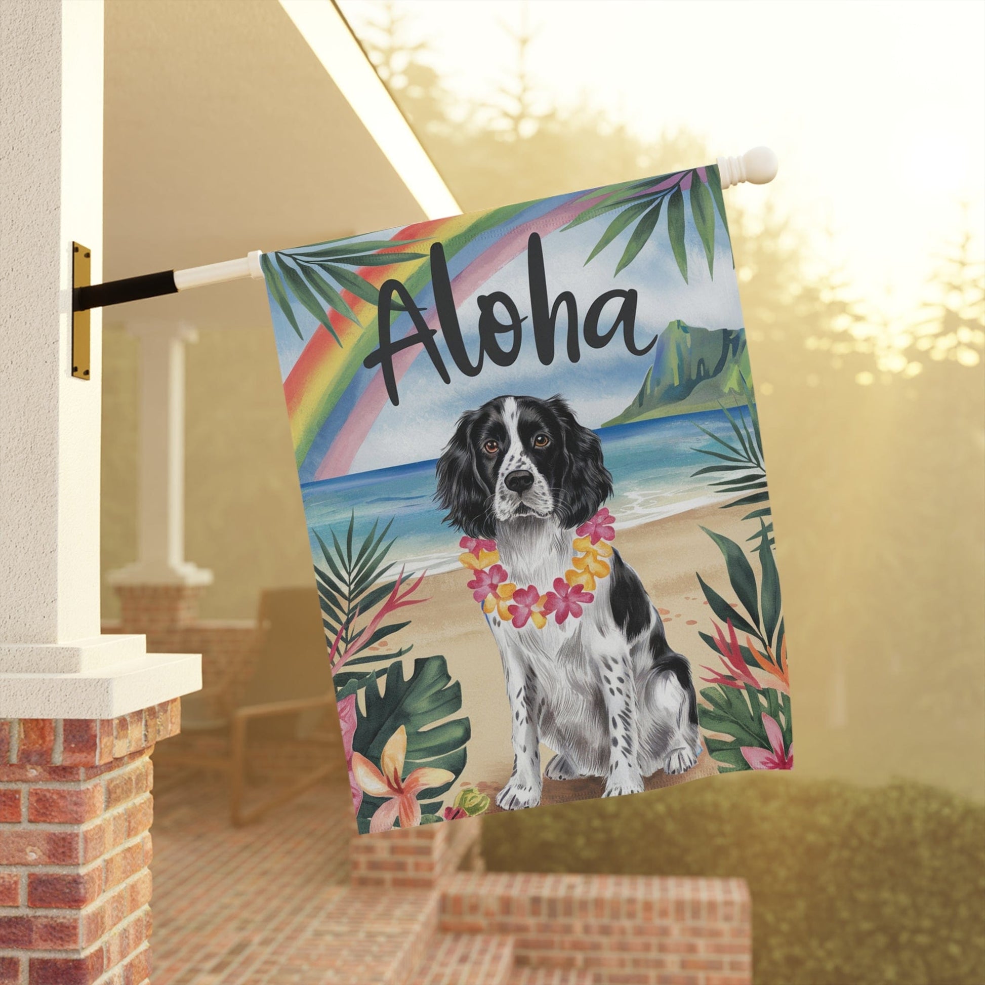Printify Home Decor Black Springer Spaniel Hawaii Garden Flag, Aloha Luau Party Decor, Tropical Hawaiian Beach