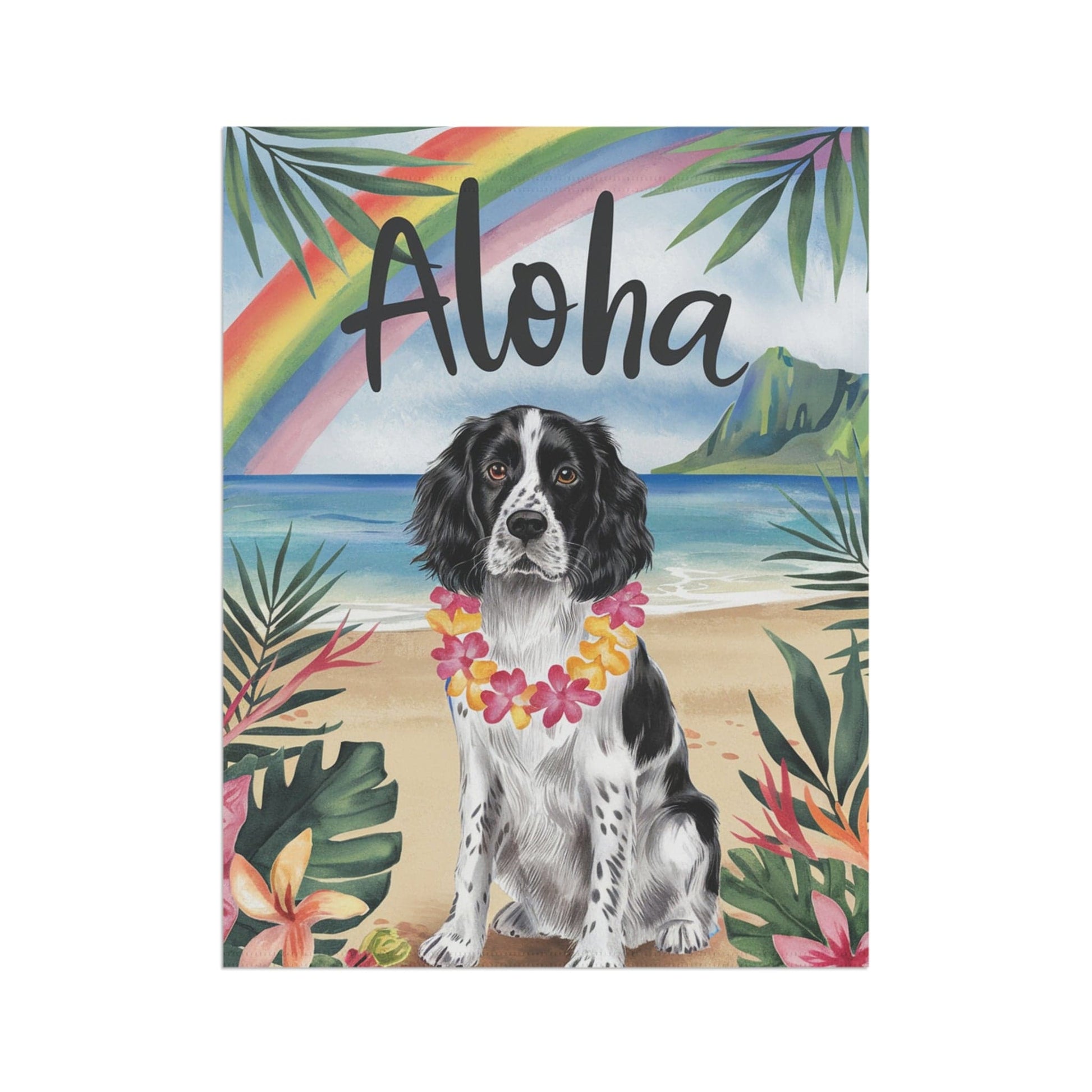 Printify Home Decor Black Springer Spaniel Hawaii Garden Flag, Aloha Luau Party Decor, Tropical Hawaiian Beach