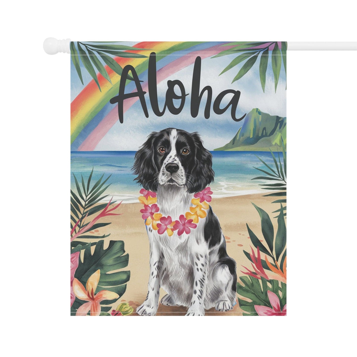 Printify Home Decor Black Springer Spaniel Hawaii Garden Flag, Aloha Luau Party Decor, Tropical Hawaiian Beach