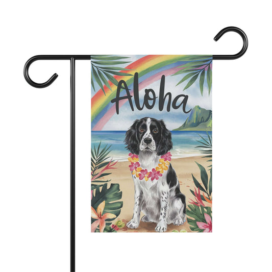 Printify Home Decor 12'' × 18'' Black Springer Spaniel Hawaii Garden Flag, Aloha Luau Party Decor, Tropical Hawaiian Beach
