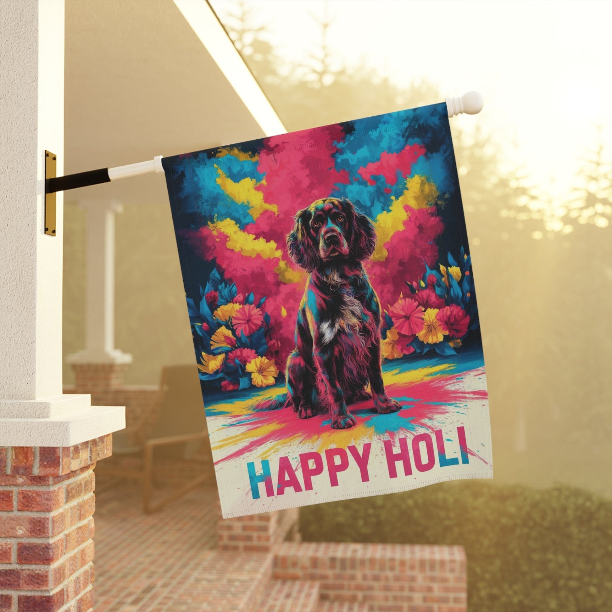 Printify Home Decor Black Springer Spaniel Holi Garden Flag, Indian Spring Festival, Dog Lovers Yard Outside