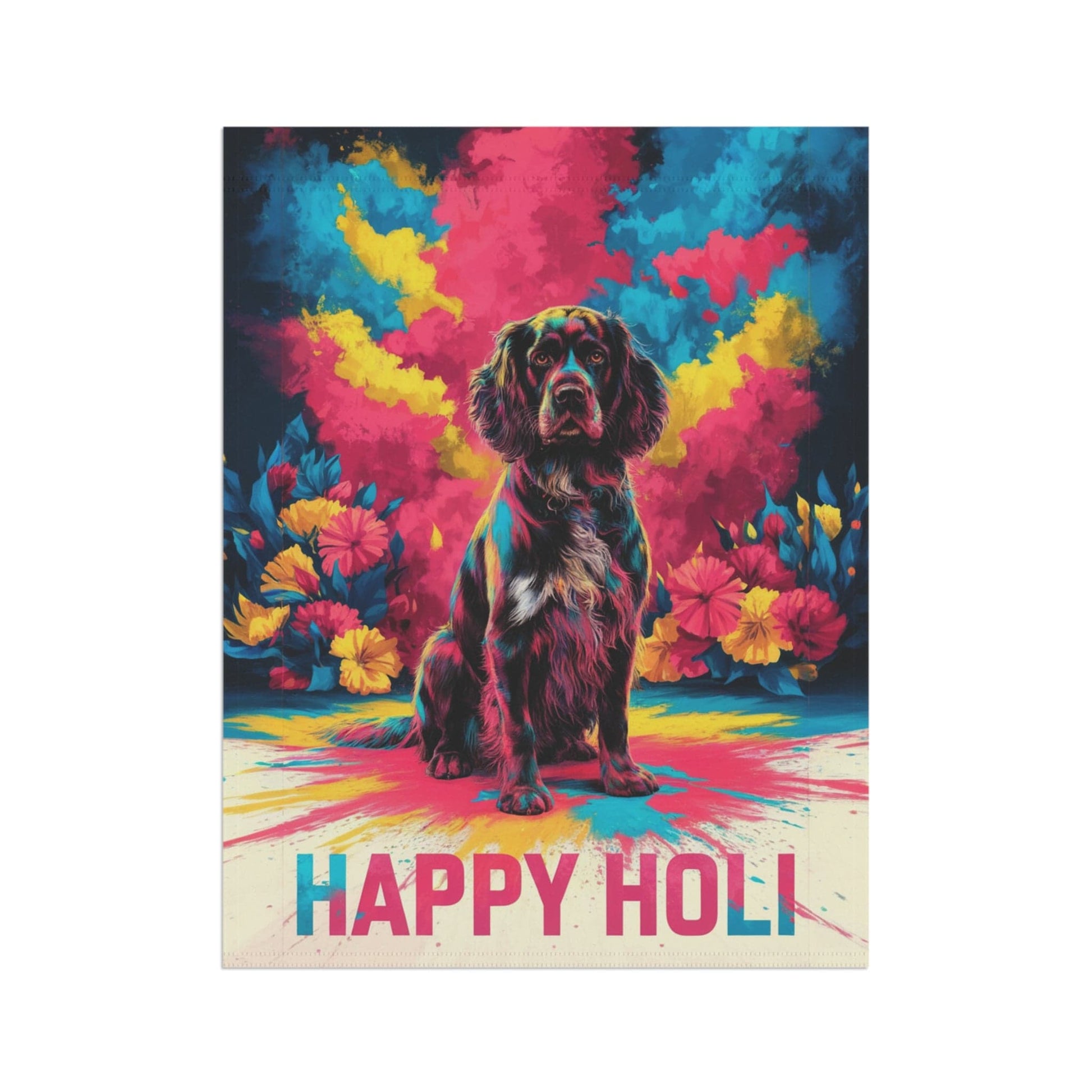 Printify Home Decor Black Springer Spaniel Holi Garden Flag, Indian Spring Festival, Dog Lovers Yard Outside
