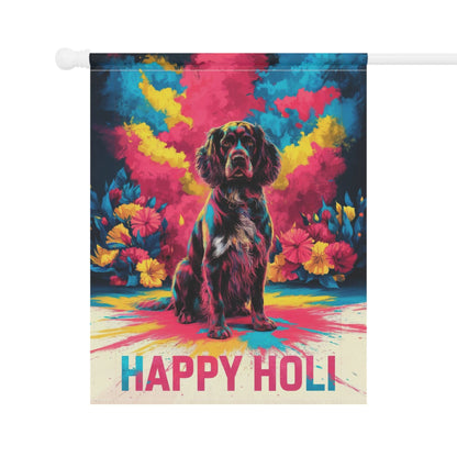 Printify Home Decor Black Springer Spaniel Holi Garden Flag, Indian Spring Festival, Dog Lovers Yard Outside