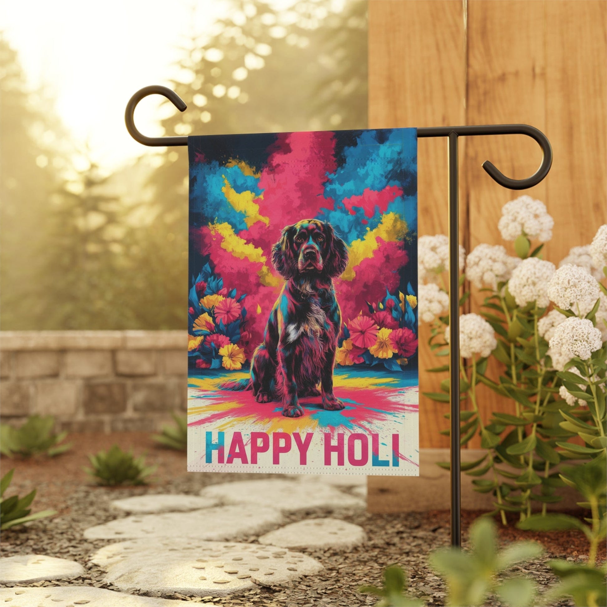Printify Home Decor Black Springer Spaniel Holi Garden Flag, Indian Spring Festival, Dog Lovers Yard Outside