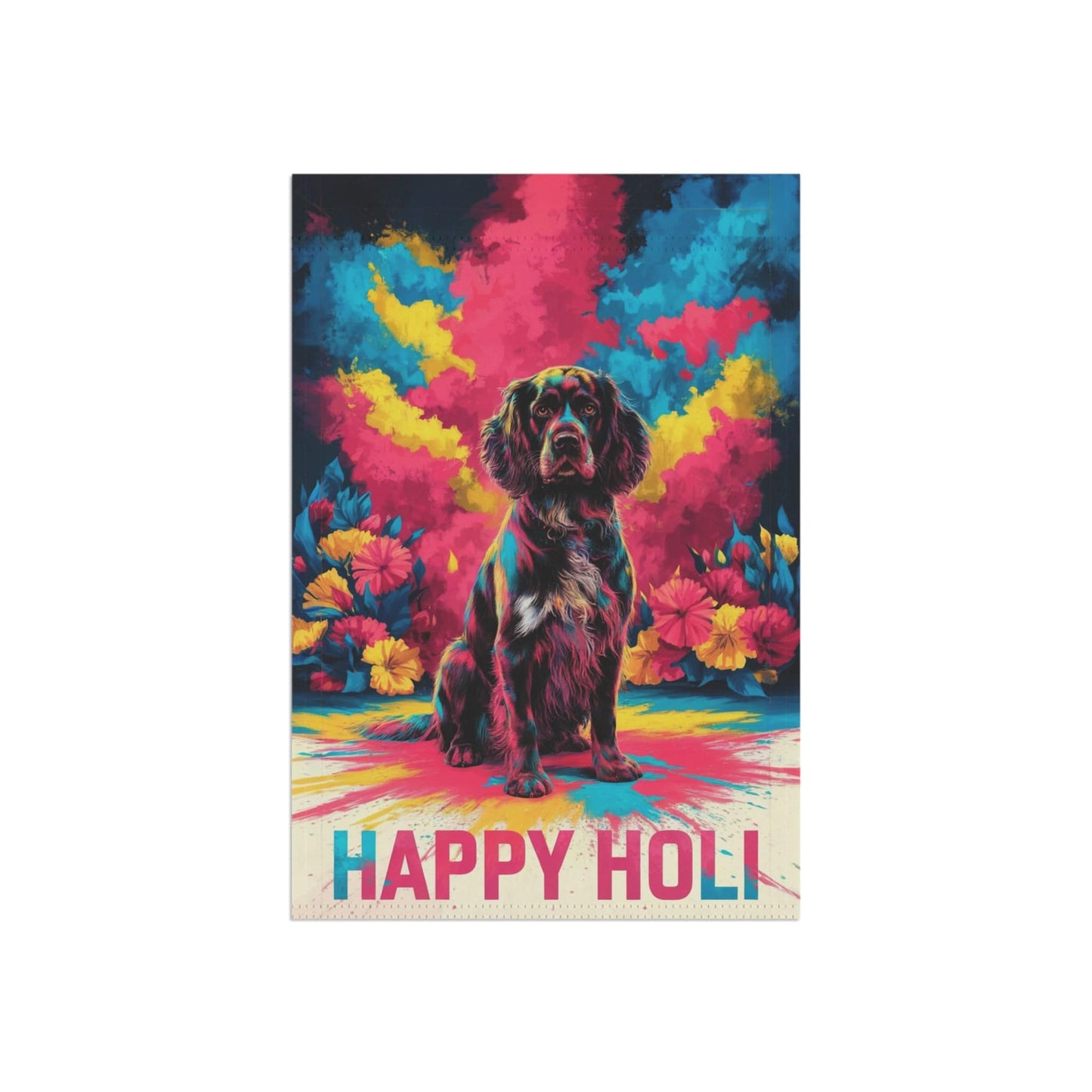 Printify Home Decor Black Springer Spaniel Holi Garden Flag, Indian Spring Festival, Dog Lovers Yard Outside