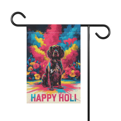 Printify Home Decor Black Springer Spaniel Holi Garden Flag, Indian Spring Festival, Dog Lovers Yard Outside
