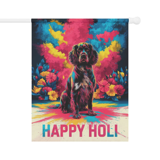 Printify Home Decor 24.5'' × 32'' Black Springer Spaniel Holi Garden Flag, Indian Spring Festival, Dog Lovers Yard Outside