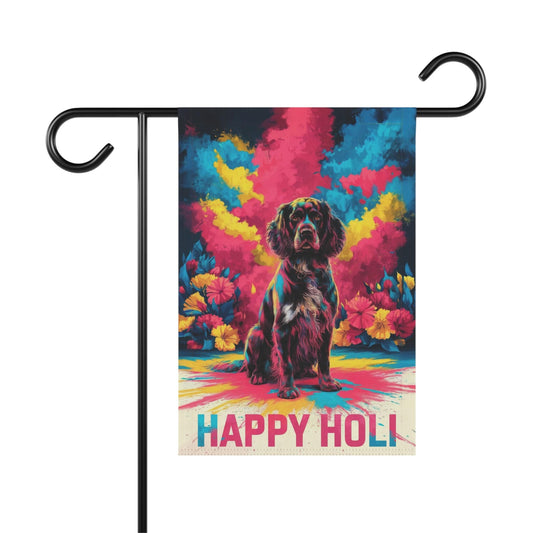 Printify Home Decor 12'' × 18'' Black Springer Spaniel Holi Garden Flag, Indian Spring Festival, Dog Lovers Yard Outside