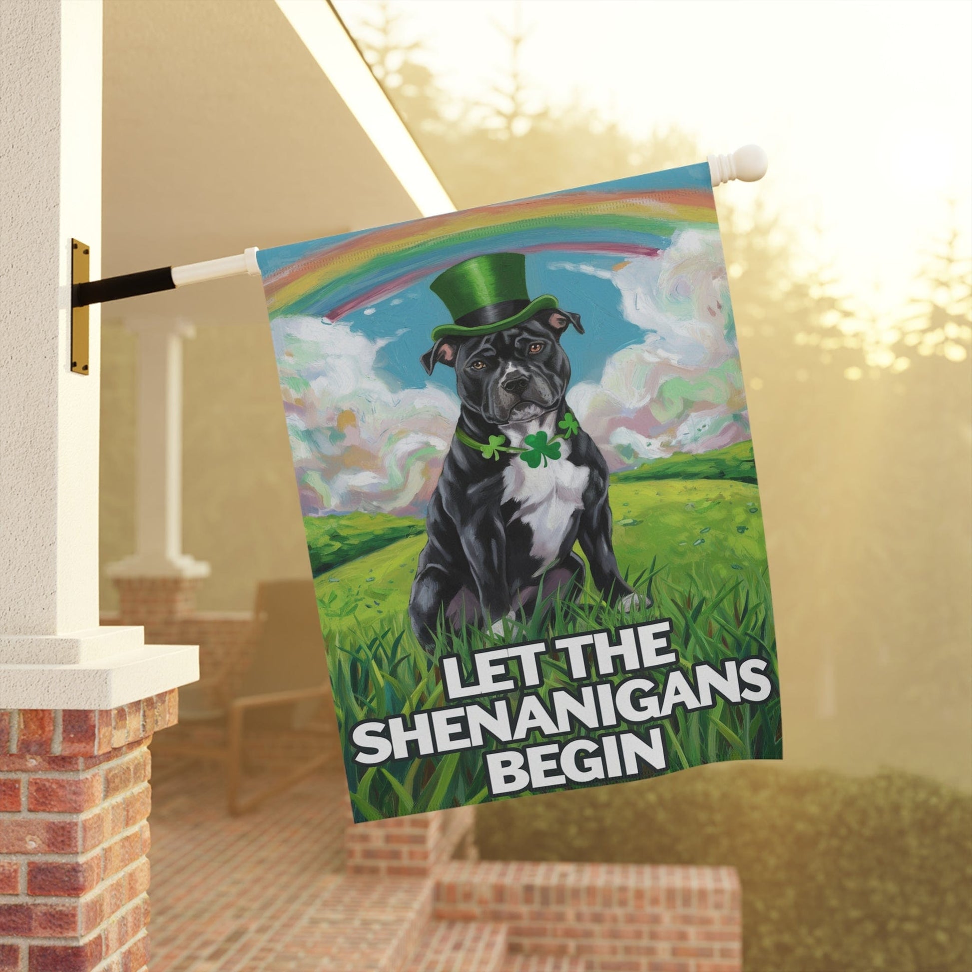 Printify Home Decor Black Staffordshire Bull Terrie Garden Flag St. Patrick's Day Celebration Rainbow Dog
