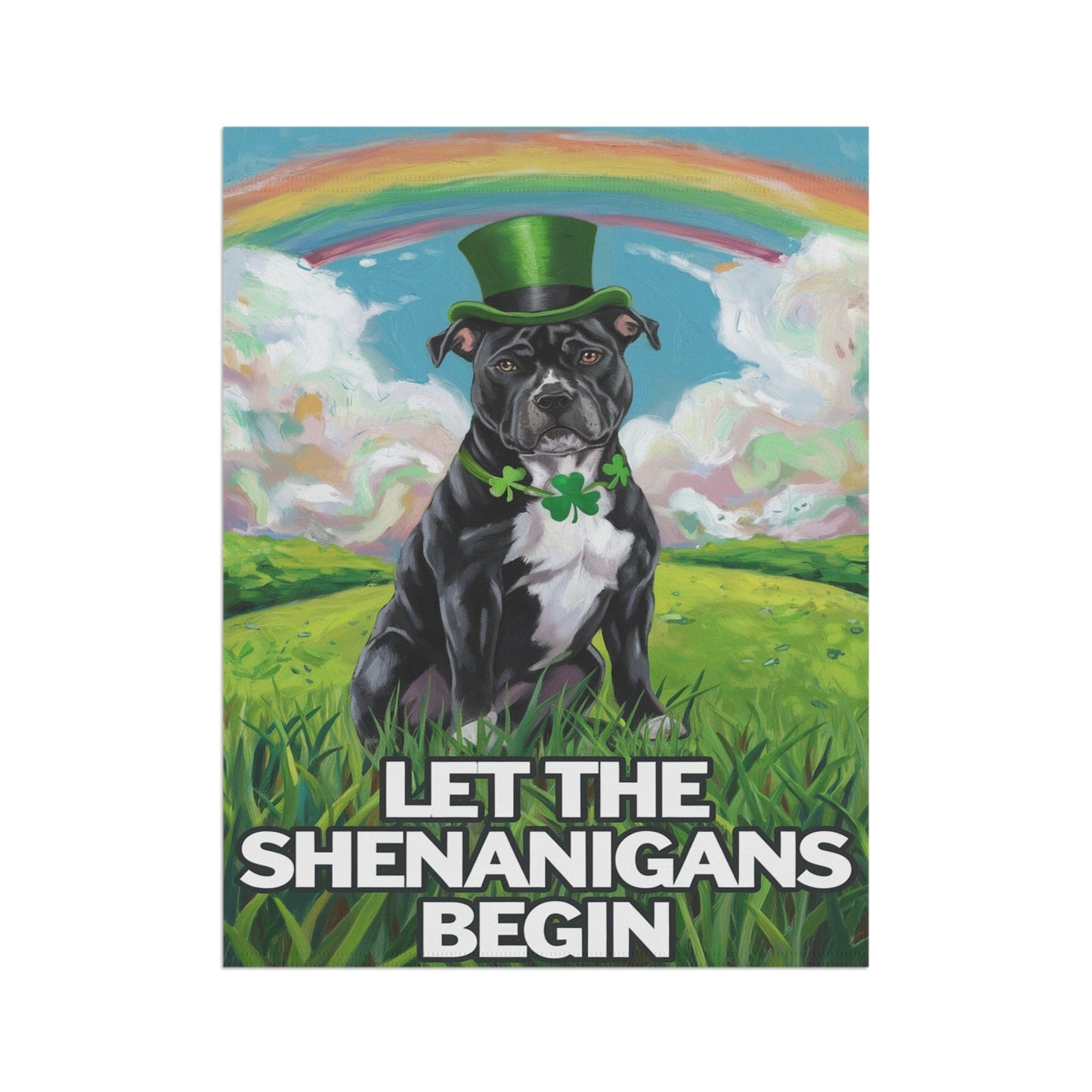 Printify Home Decor Black Staffordshire Bull Terrie Garden Flag St. Patrick's Day Celebration Rainbow Dog