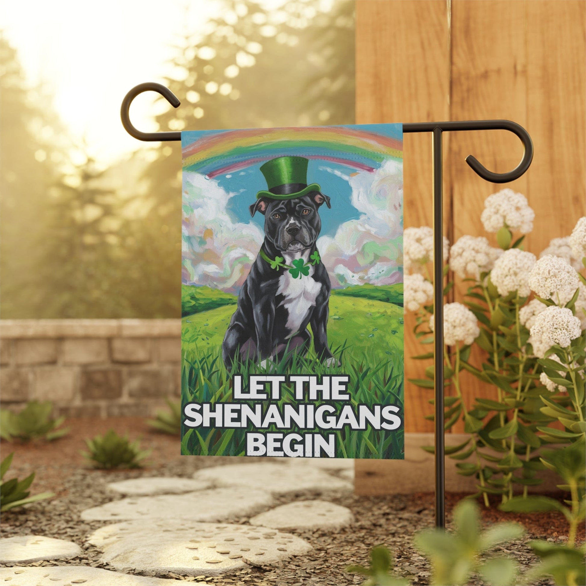 Printify Home Decor Black Staffordshire Bull Terrie Garden Flag St. Patrick's Day Celebration Rainbow Dog