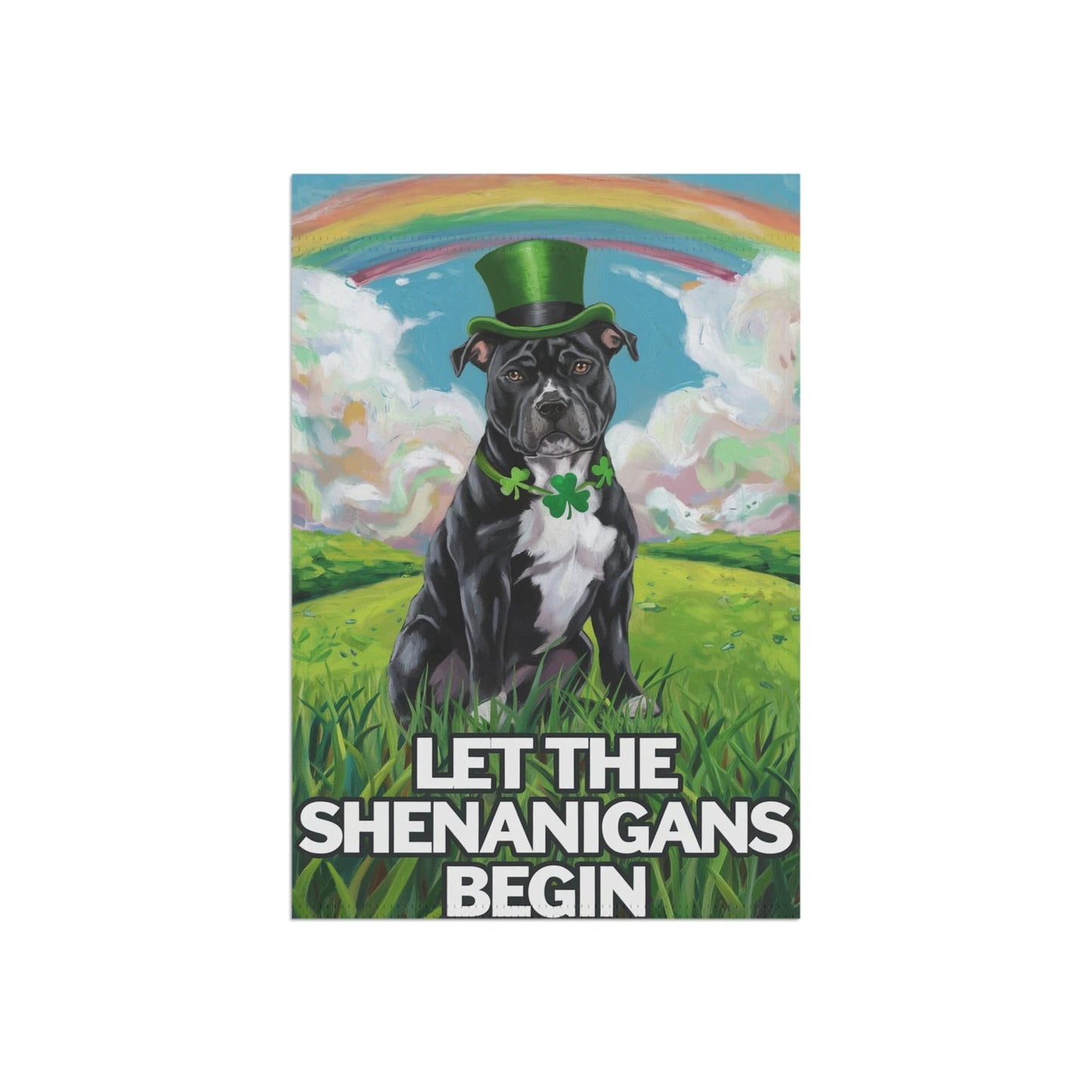 Printify Home Decor Black Staffordshire Bull Terrie Garden Flag St. Patrick's Day Celebration Rainbow Dog