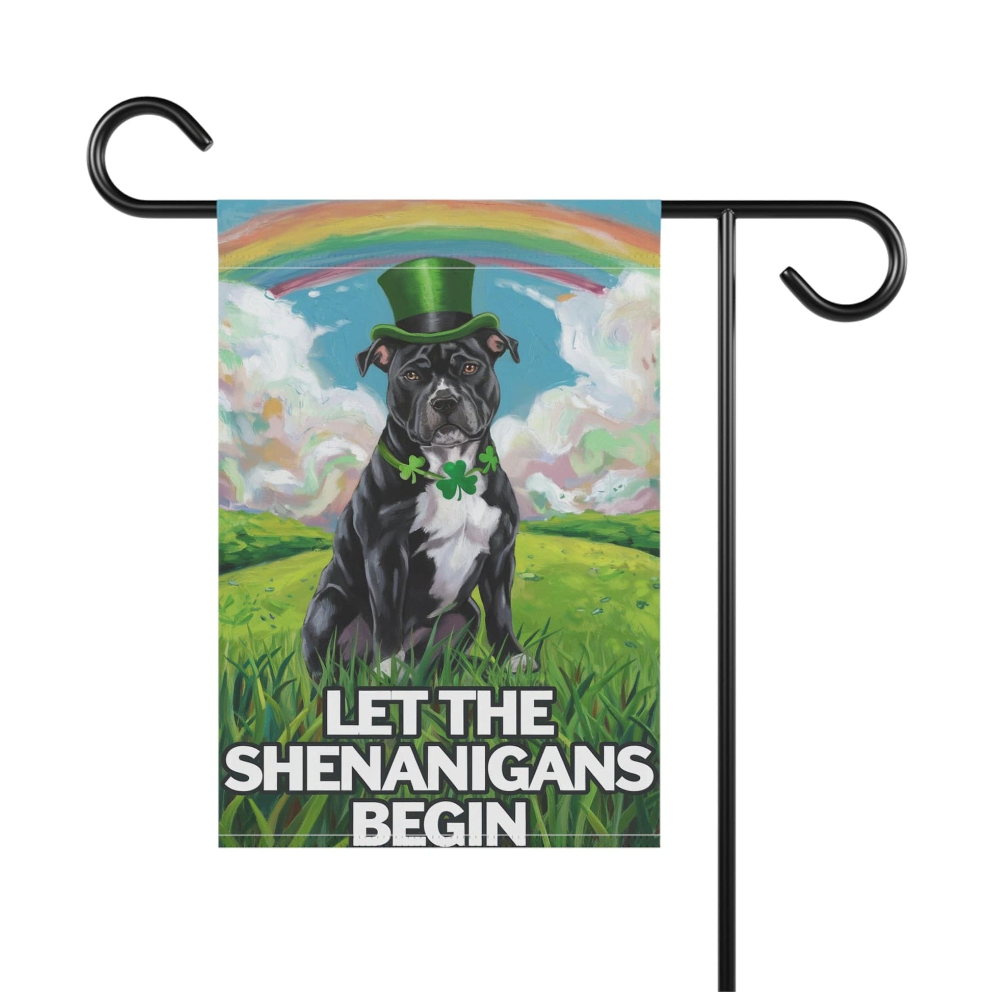 Printify Home Decor Black Staffordshire Bull Terrie Garden Flag St. Patrick's Day Celebration Rainbow Dog