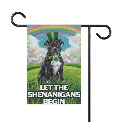 Printify Home Decor Black Staffordshire Bull Terrie Garden Flag St. Patrick's Day Celebration Rainbow Dog
