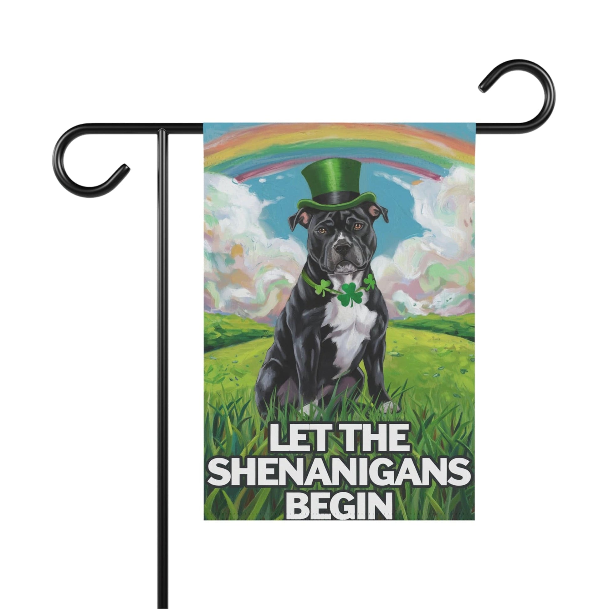 Printify Home Decor 12'' × 18'' Black Staffordshire Bull Terrie Garden Flag St. Patrick's Day Celebration Rainbow Dog