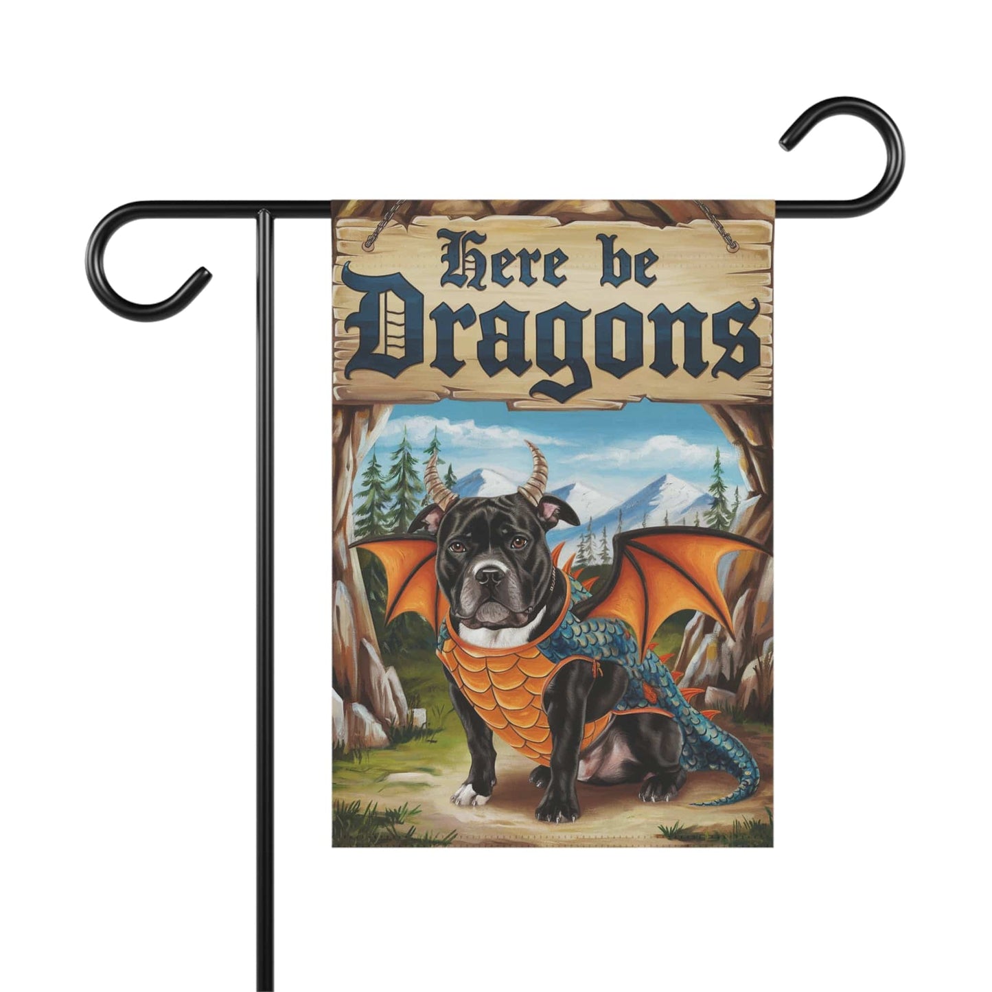 Printify Home Decor 12'' × 18'' Black Staffordshire Bull Terrier Dragon, Garden Flag, Pet Adventure, Yard Spring Decor, Housewarming Halloween