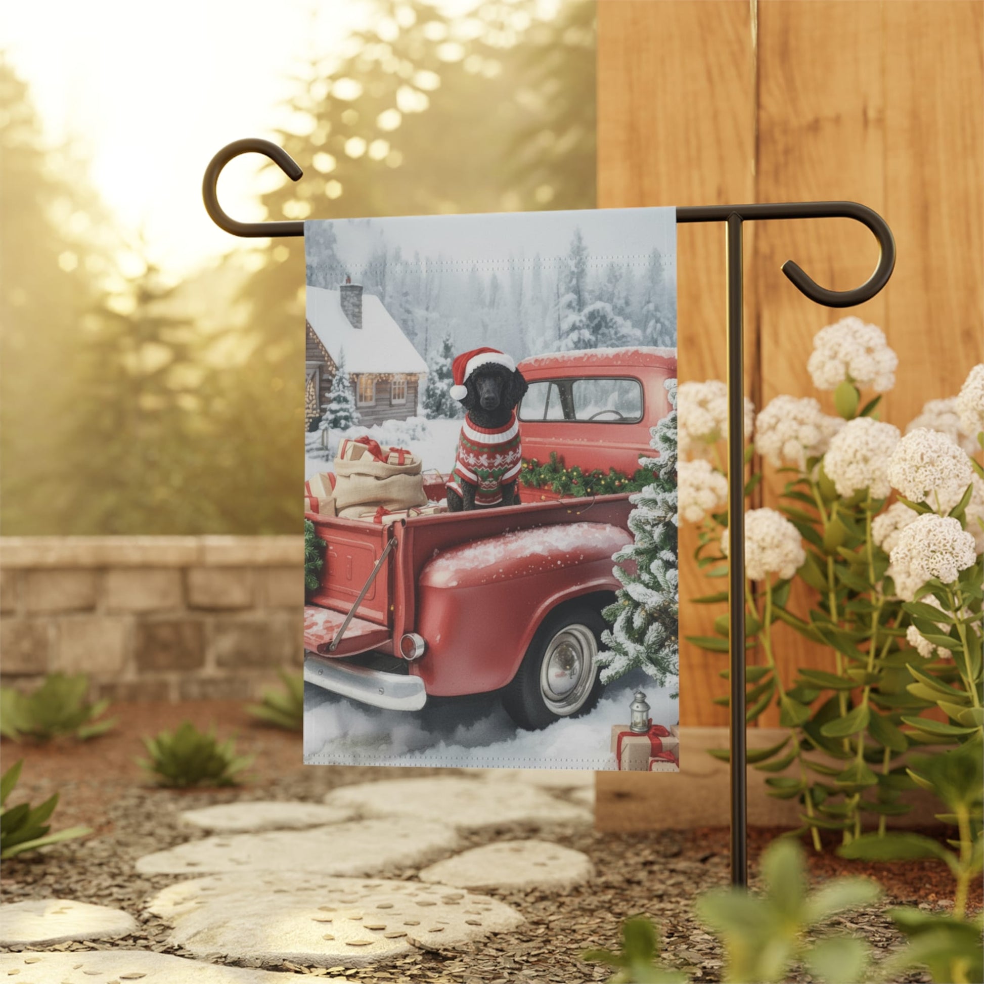 Black Standard Poodle Dog Red Truck Christmas Garden Flag