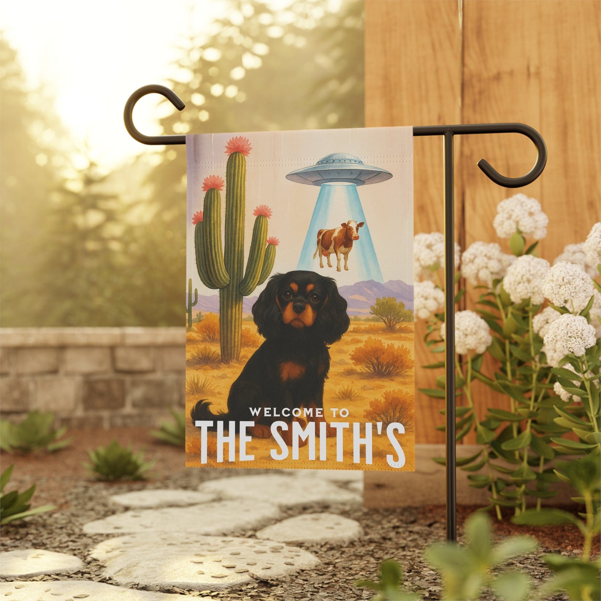 Black Tan Cavalier Aliens Garden Flag