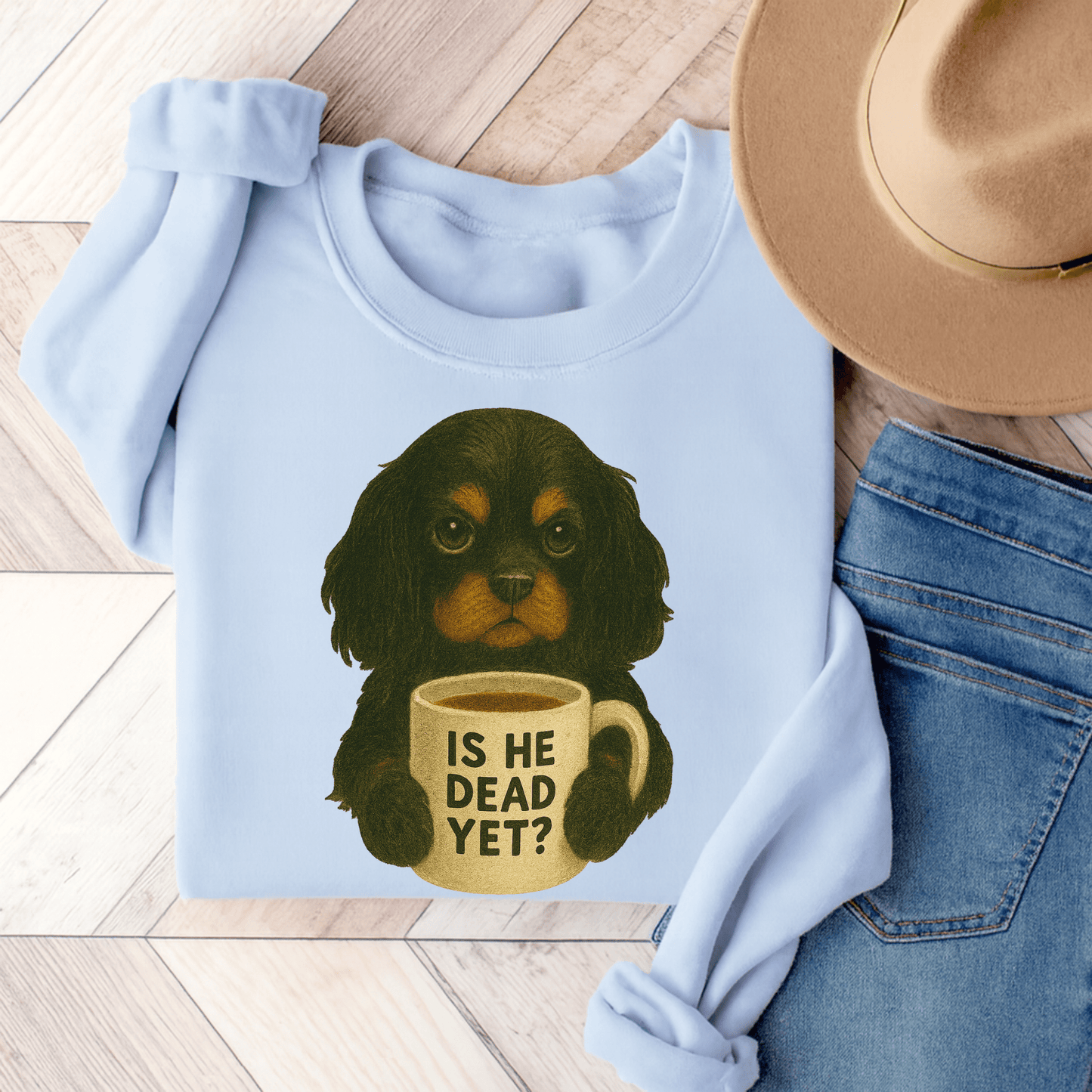 Black Tan Cavalier Dead Yet Sweatshirt Light Blue