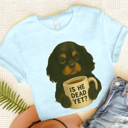 Black Tan Cavalier Dead Yet TShirt Heather Ice Blue