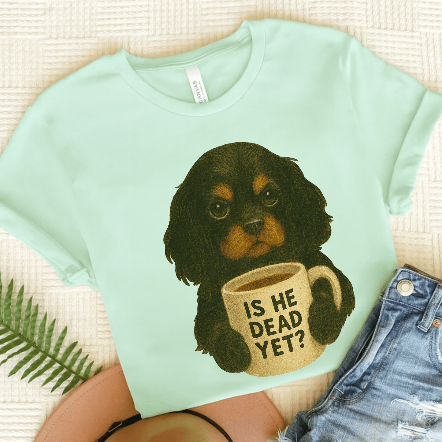 Black Tan Cavalier Dead Yet TShirt Heather Mint