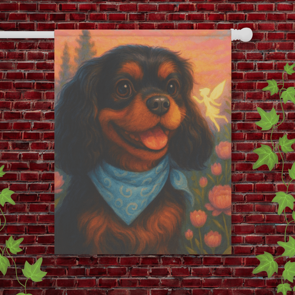 Printify Garden Flag 24.5'' × 32'' Black Tan Cavalier Fairy Garden Flag