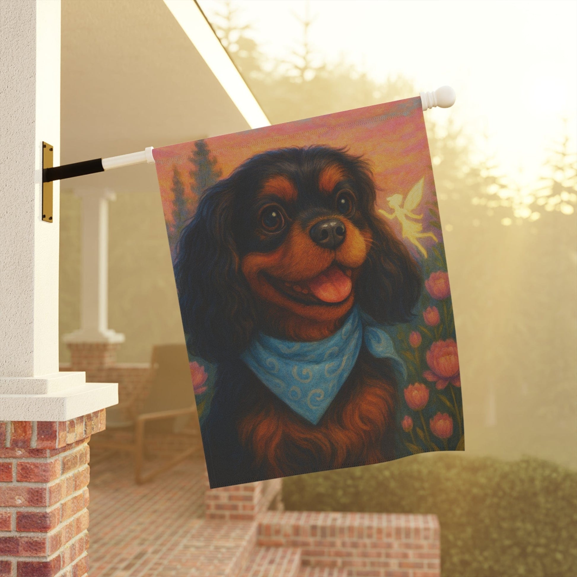 Printify Garden Flag Black Tan Cavalier Fairy Garden Flag