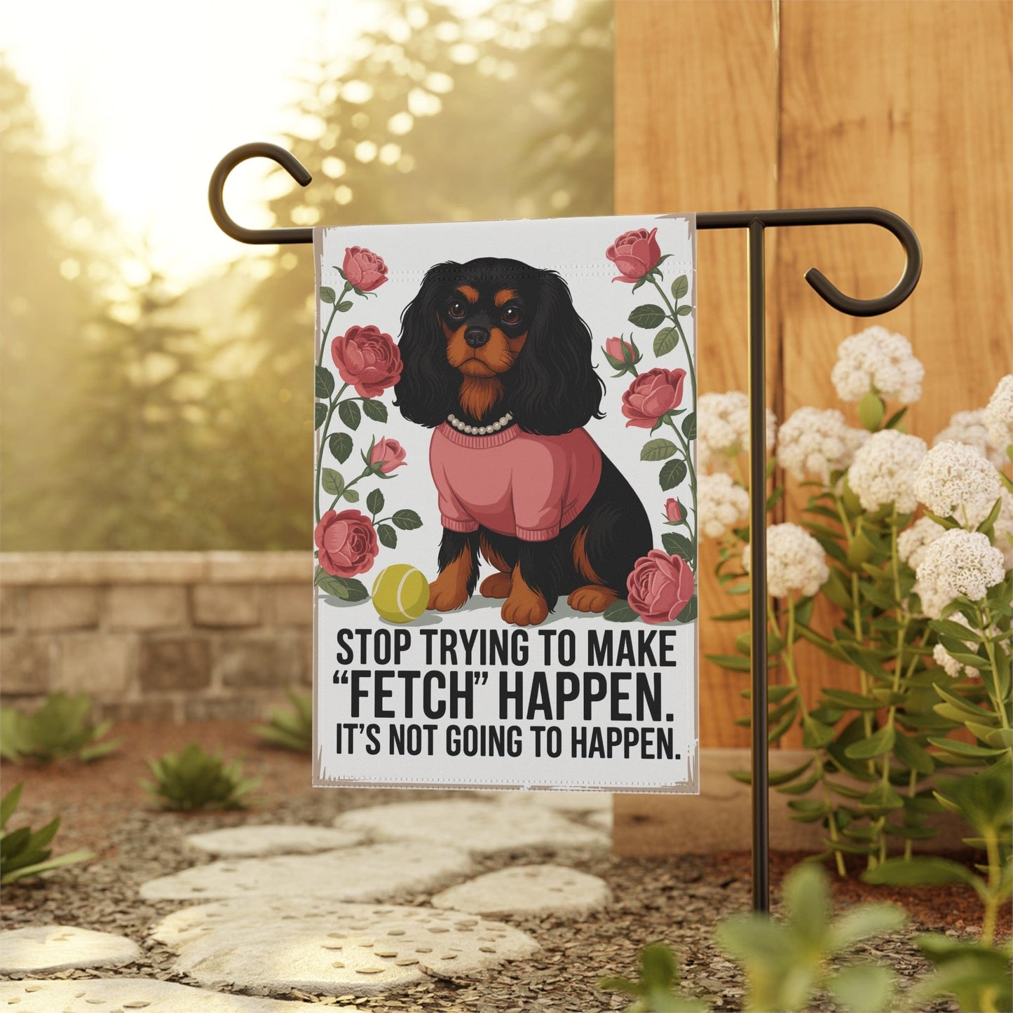 Black Tan Cavalier Fetch Garden Flag