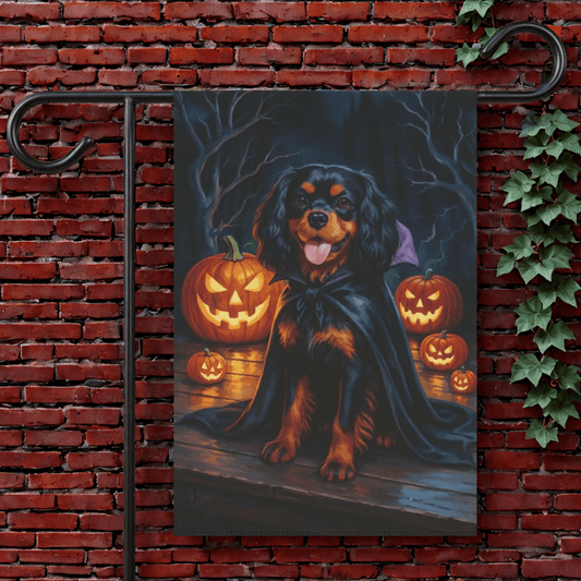 Printify Garden Flag 12'' × 18'' Black & Tan Cavalier Halloween Garden Flag
