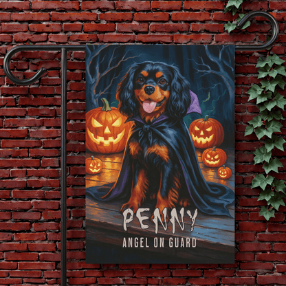 Printify Garden Flag Black & Tan Cavalier Halloween Garden Flag