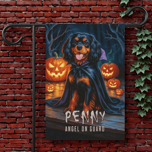 Printify Garden Flag Black & Tan Cavalier Halloween Garden Flag