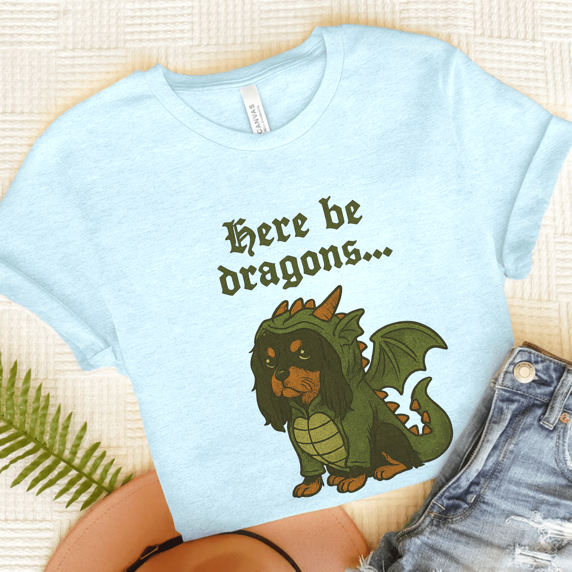 Black Tan Cavalier Here Be Dragons TShirt Heather Ice Blue