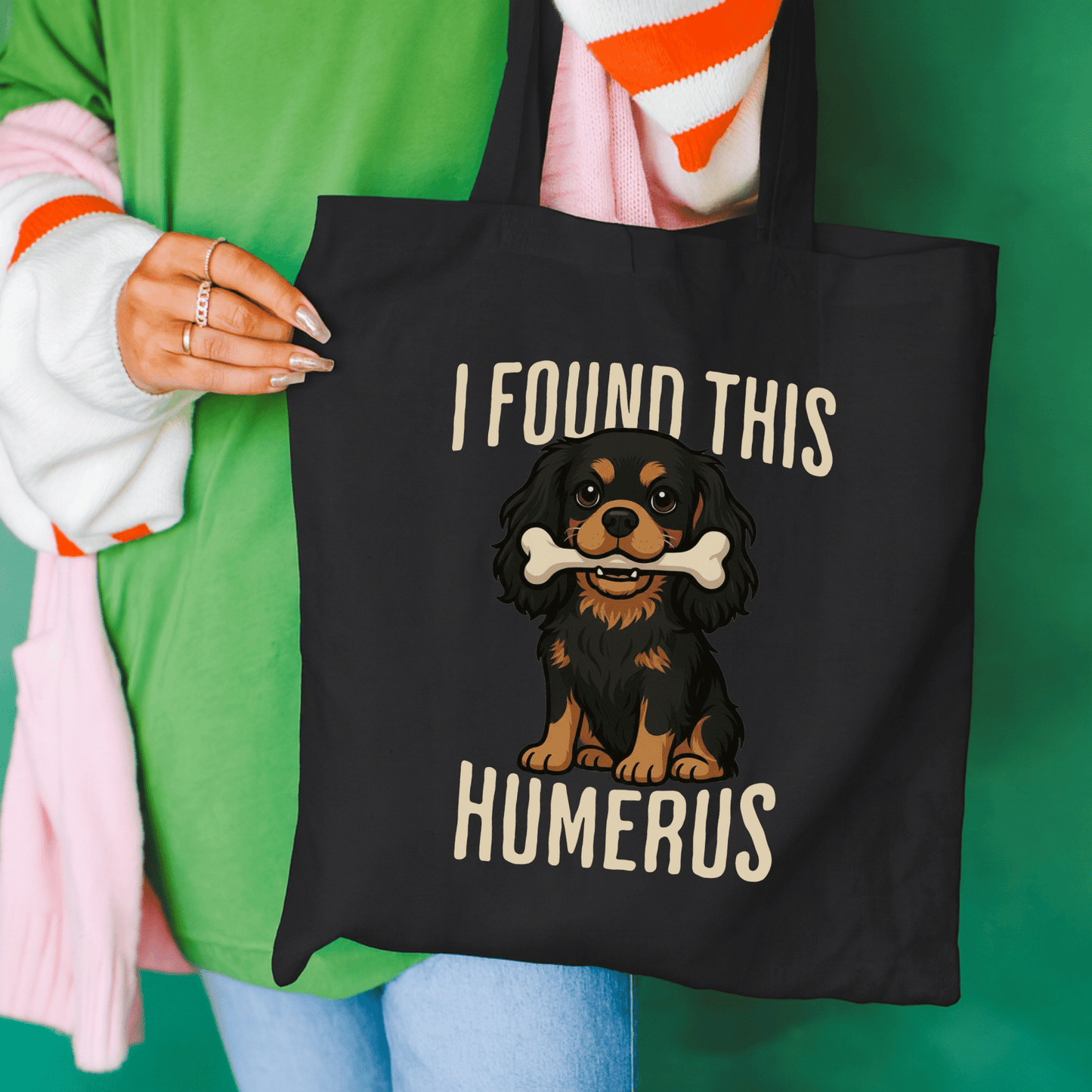 Black Tan Cavalier Humerus Tote Bag Black 15" x 16"