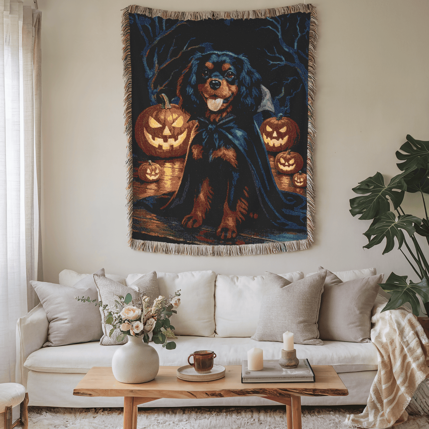 Black Tan Cavalier King Charles Halloween Woven Blanket