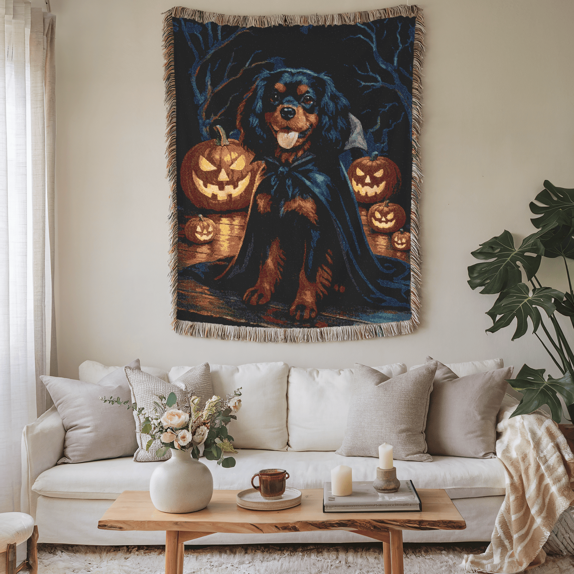 Black Tan Cavalier King Charles Halloween Woven Blanket